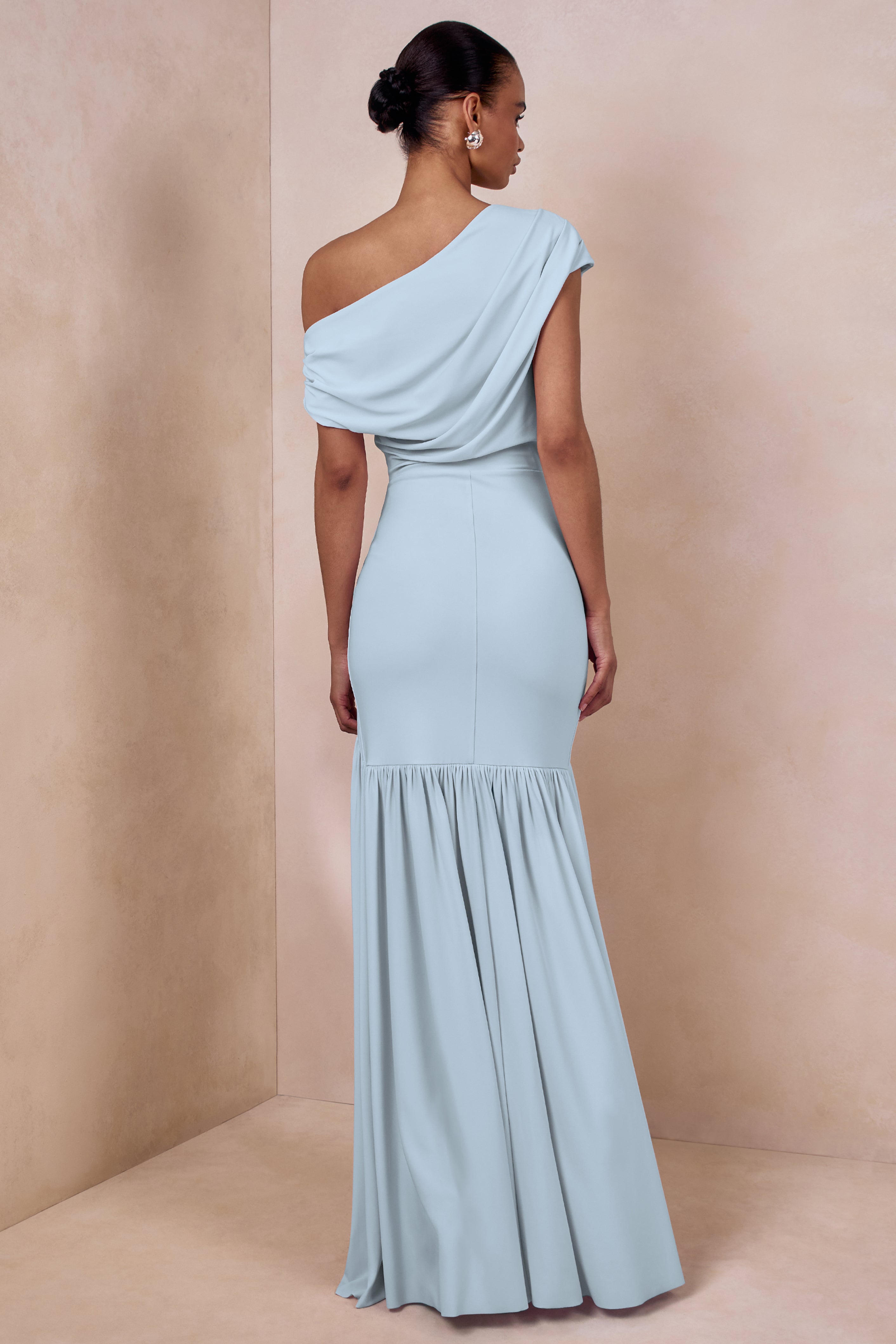 Kady | Powder Blue Asymmetric-Neck Maxi Dress With Ruched Detailing-Sowoom