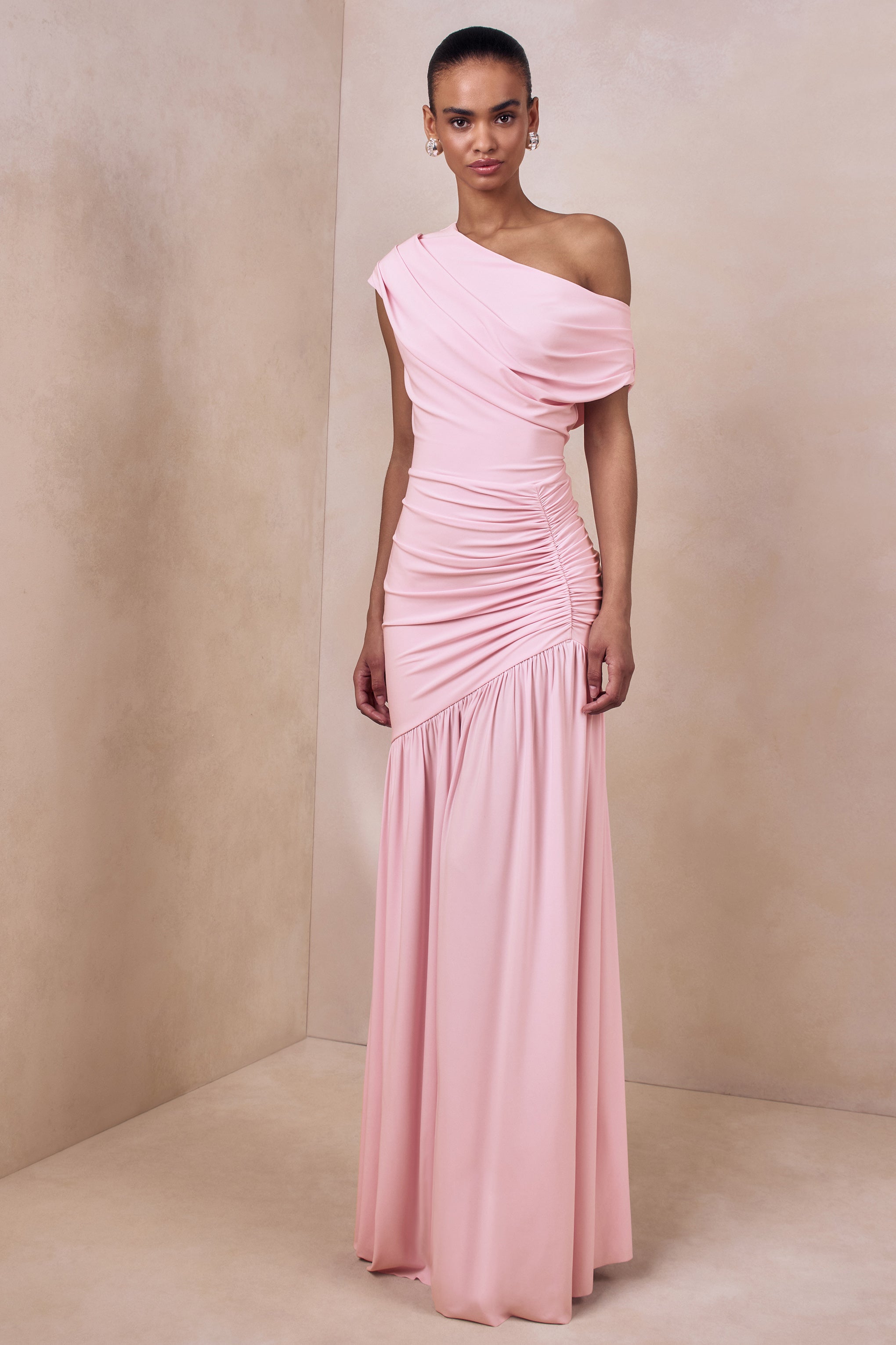 Kady | Pink Asymmetric-Neck Maxi Dress With Ruched Detailing-Sowoom