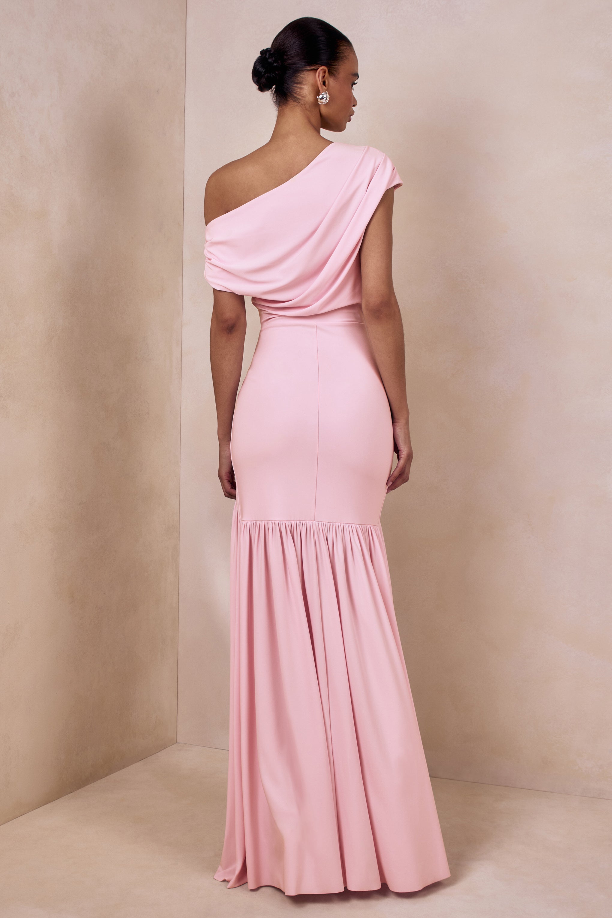 Kady | Pink Asymmetric-Neck Maxi Dress With Ruched Detailing-Sowoom