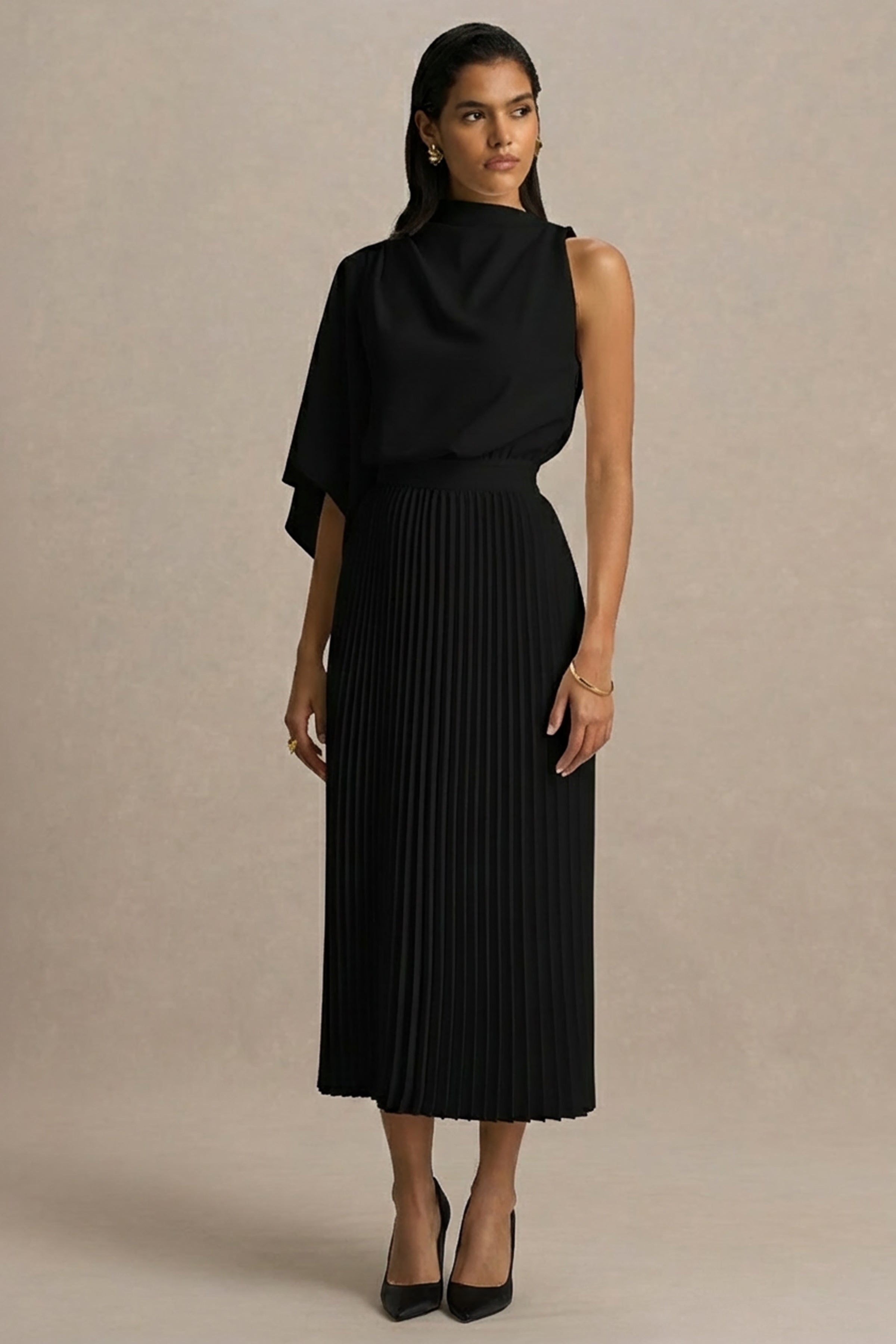 Jimena | Black High-Neck Midi Dress With One-Long Sleeve And Pleated Detailing-Sowoom