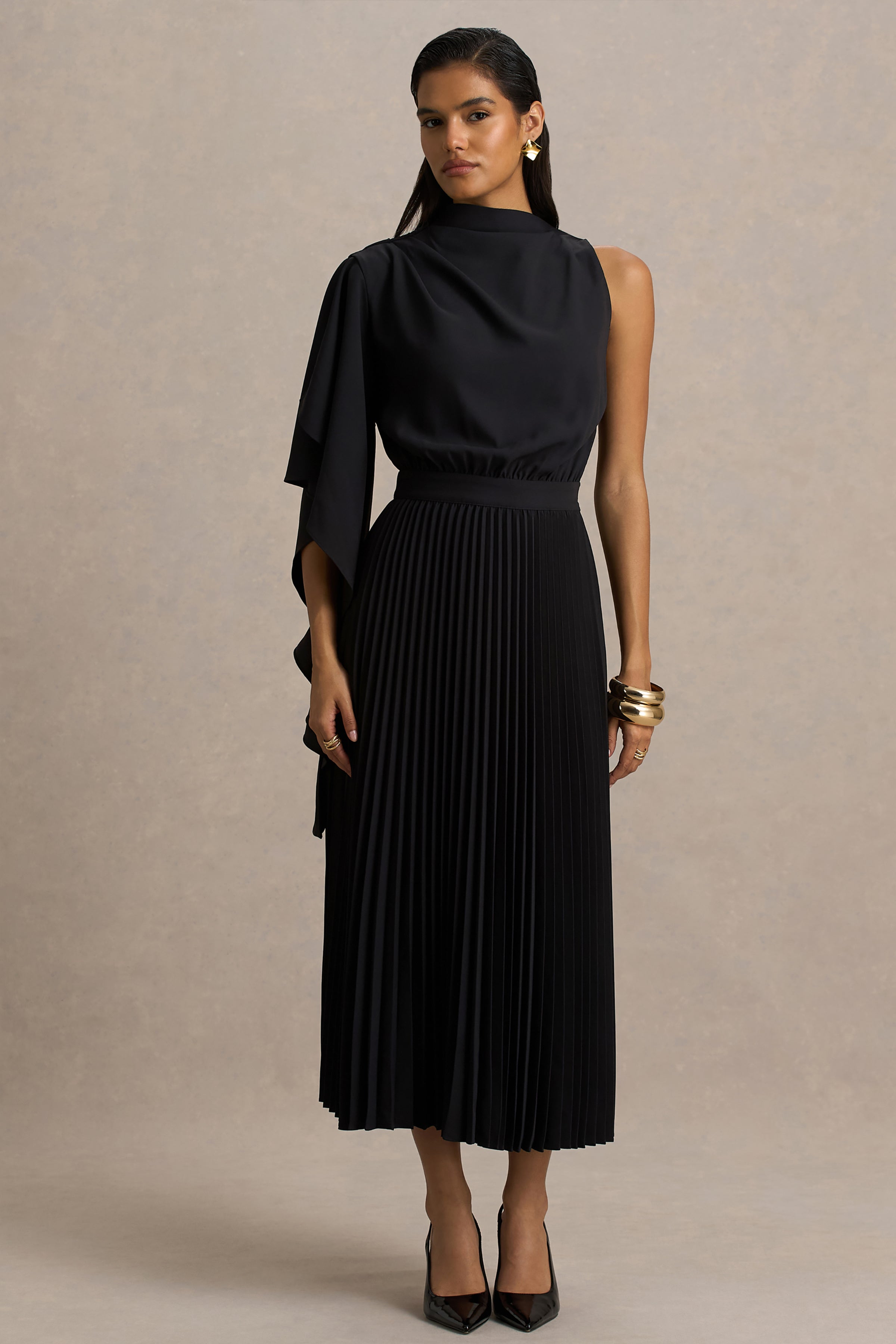 Jimena | Black High-Neck Midi Dress With One-Long Sleeve And Pleated Detailing-Sowoom