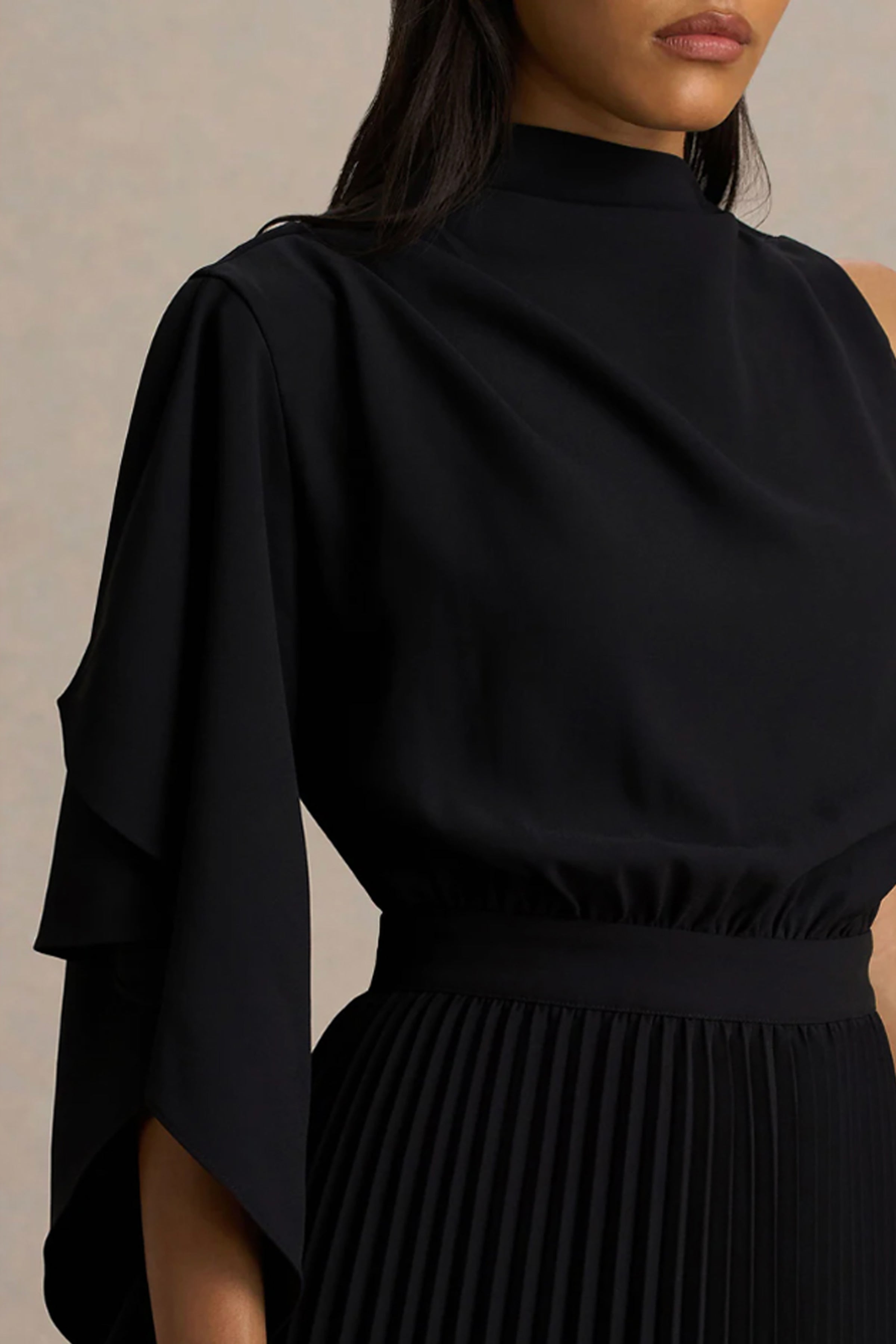 Jimena | Black High-Neck Midi Dress With One-Long Sleeve And Pleated Detailing-Sowoom