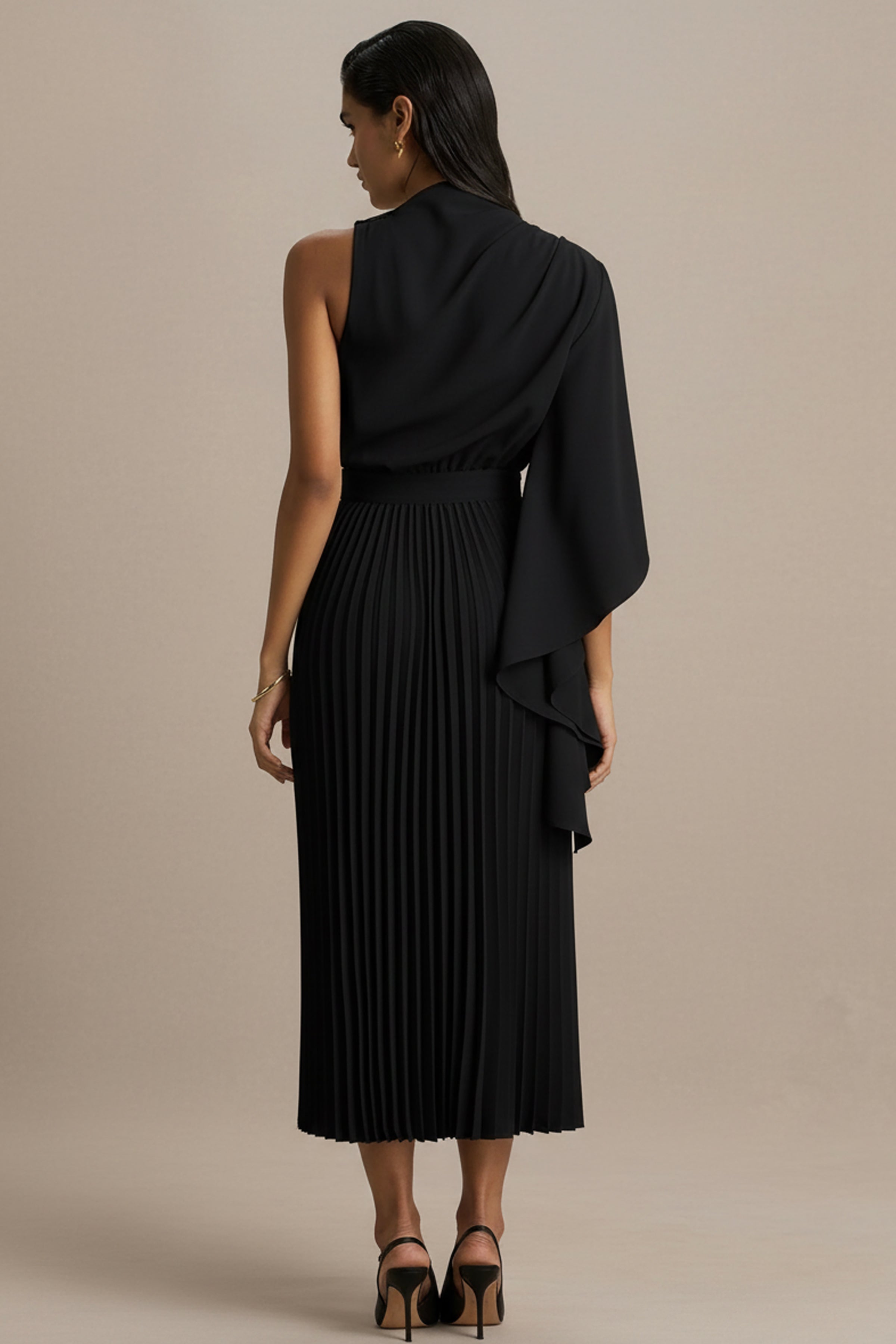 Jimena | Black High-Neck Midi Dress With One-Long Sleeve And Pleated Detailing-Sowoom