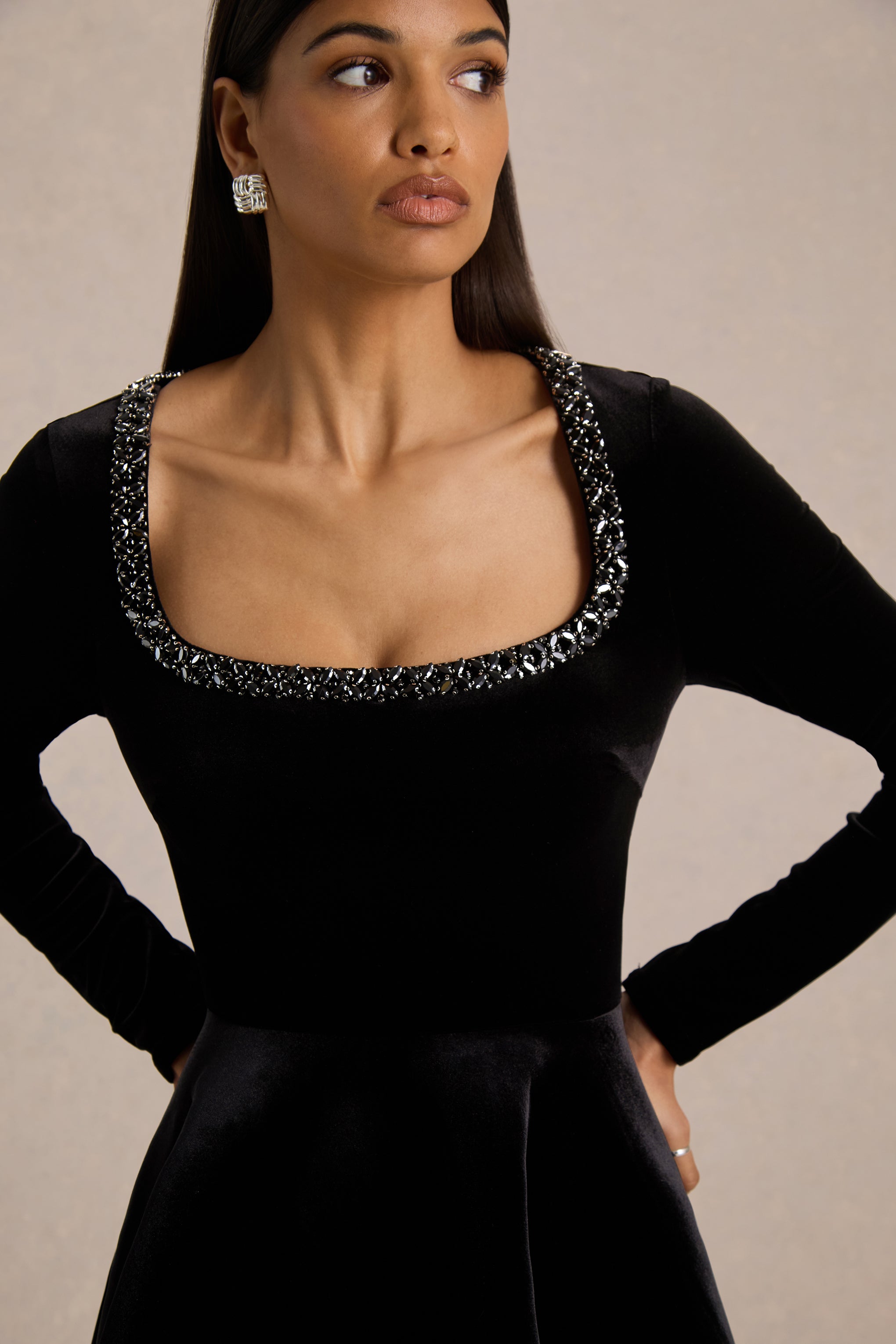 Beloved | Black Velvet Embellished Square-Neck Mini Dress-Sowoom