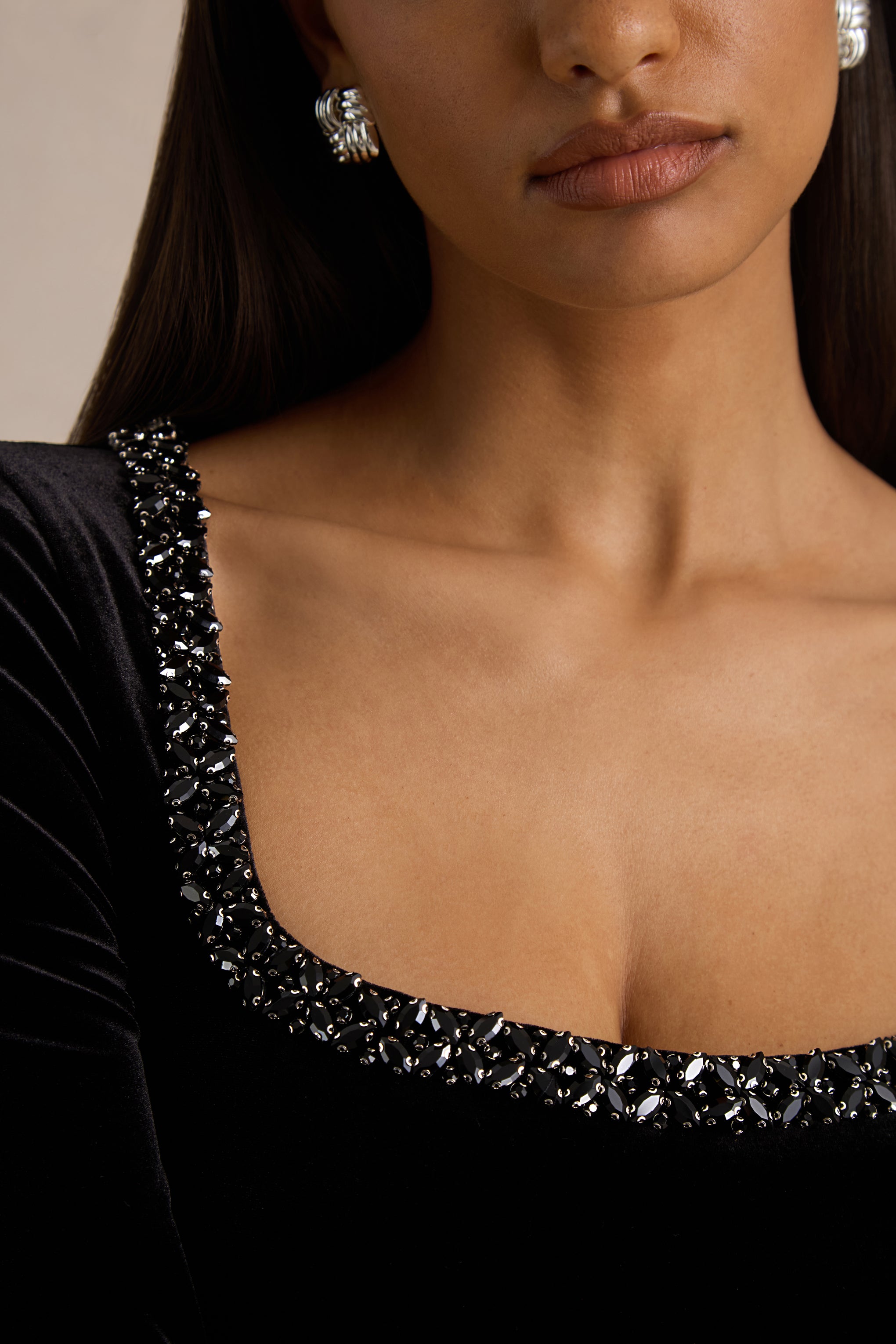Beloved | Black Velvet Embellished Square-Neck Mini Dress-Sowoom
