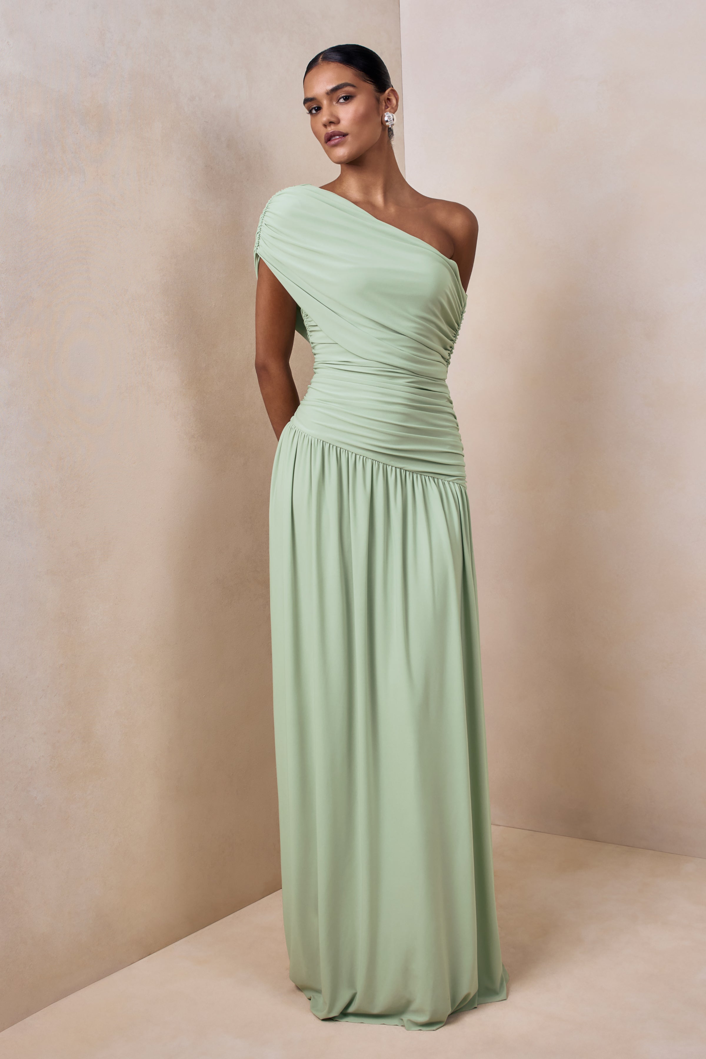 Emberly | Green Draped Asymmetric-Neck Maxi Dress With Drop-Waist-Sowoom