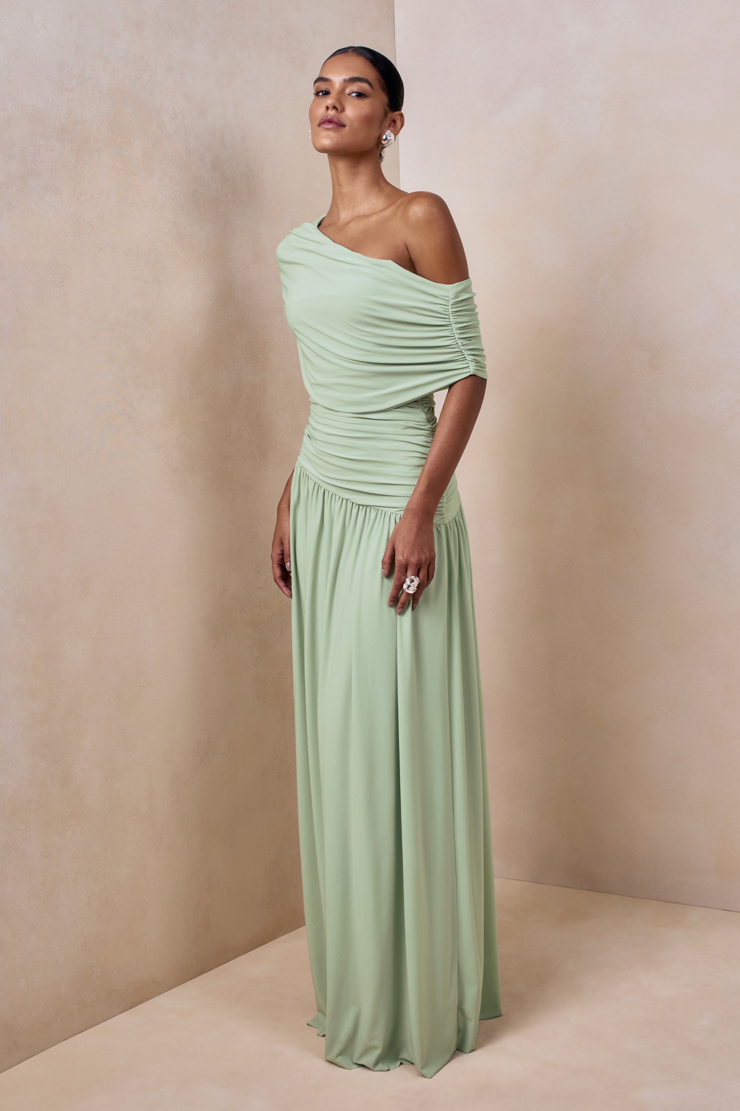 Emberly | Green Draped Asymmetric-Neck Maxi Dress With Drop-Waist-Sowoom