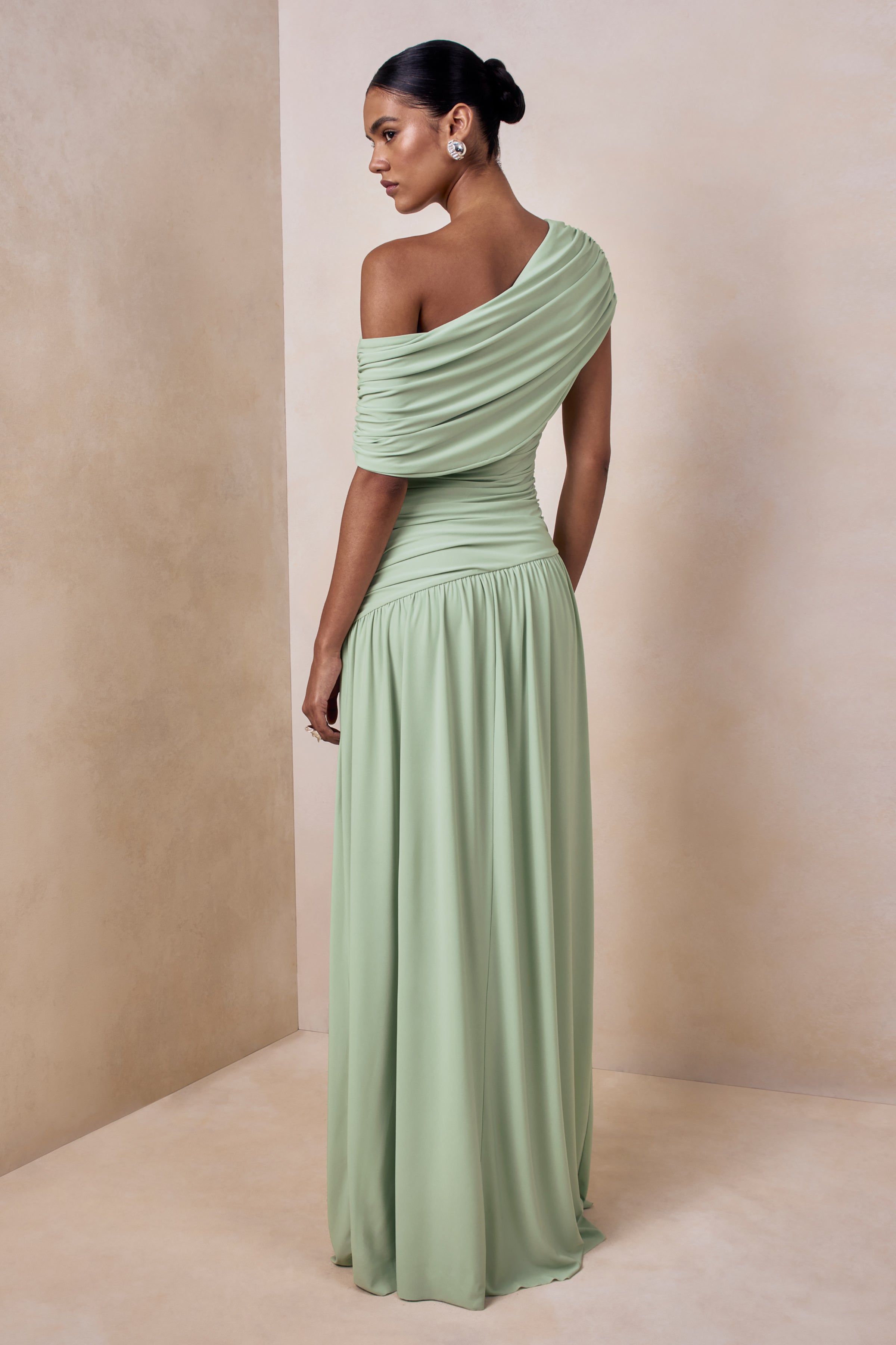 Emberly | Green Draped Asymmetric-Neck Maxi Dress With Drop-Waist-Sowoom
