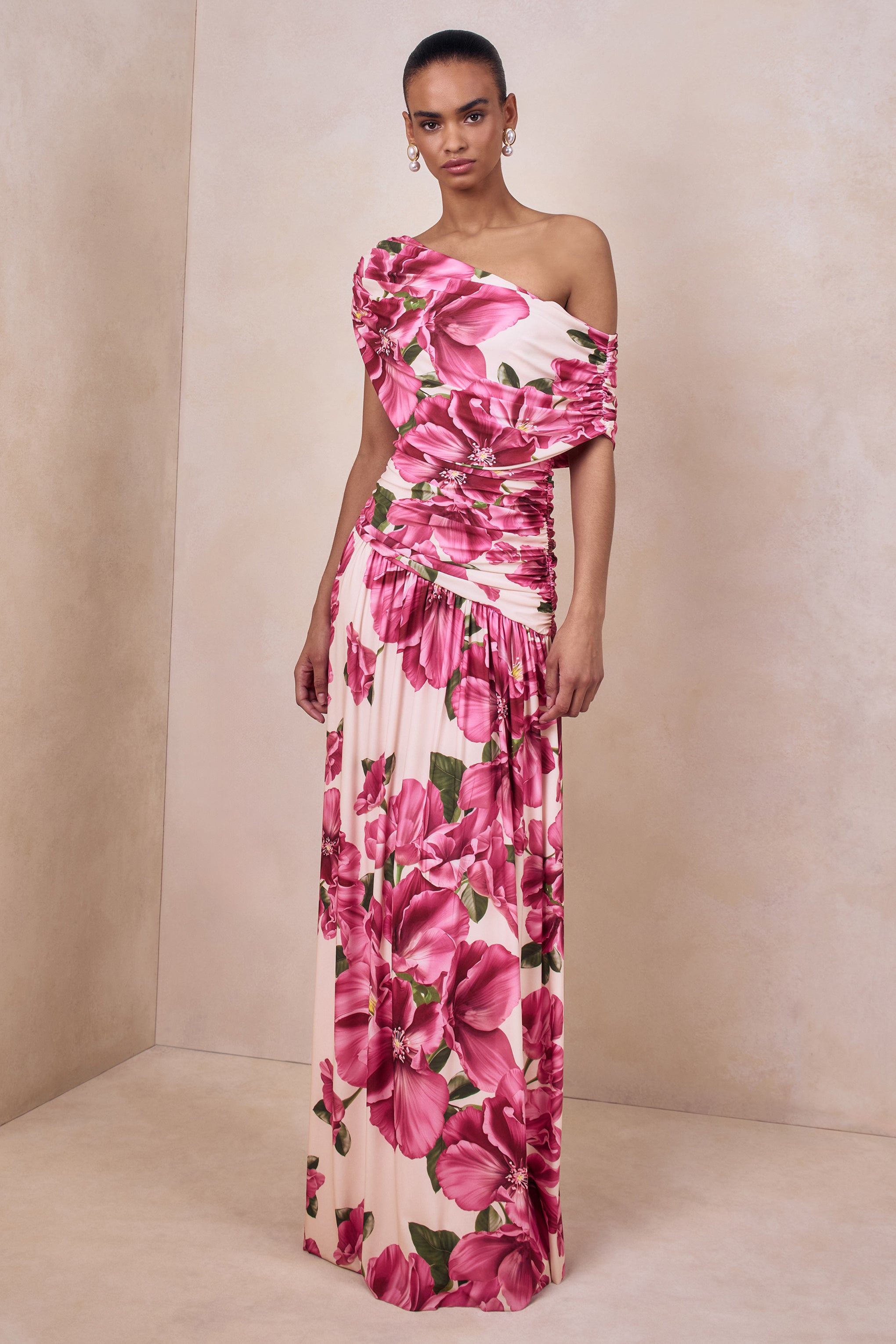 Emberly | Pink Hibiscus Floral Print Asymmetric Neck Maxi Dress With Drop Waist-Sowoom
