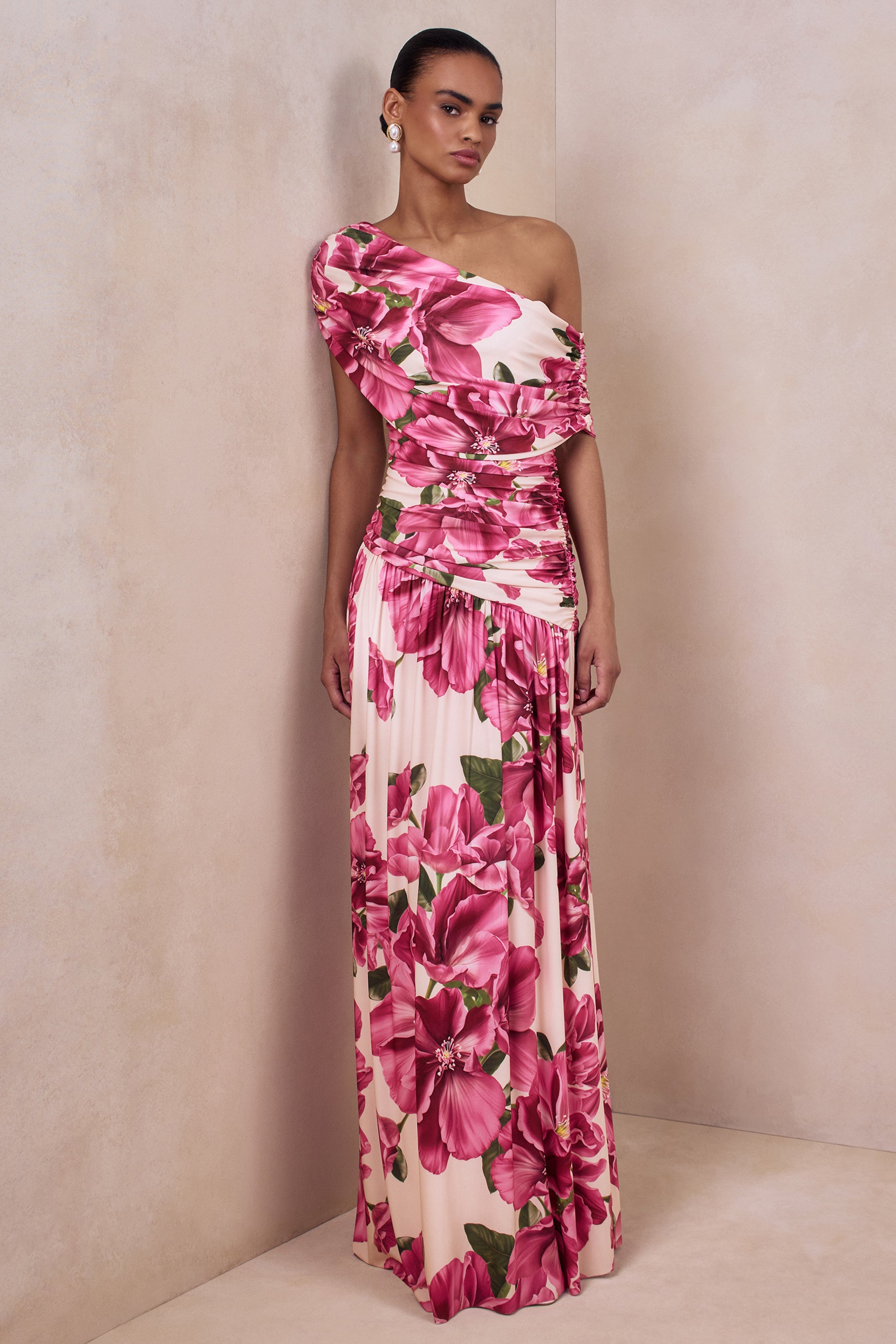 Emberly | Pink Hibiscus Floral Print Asymmetric Neck Maxi Dress With Drop Waist-Sowoom