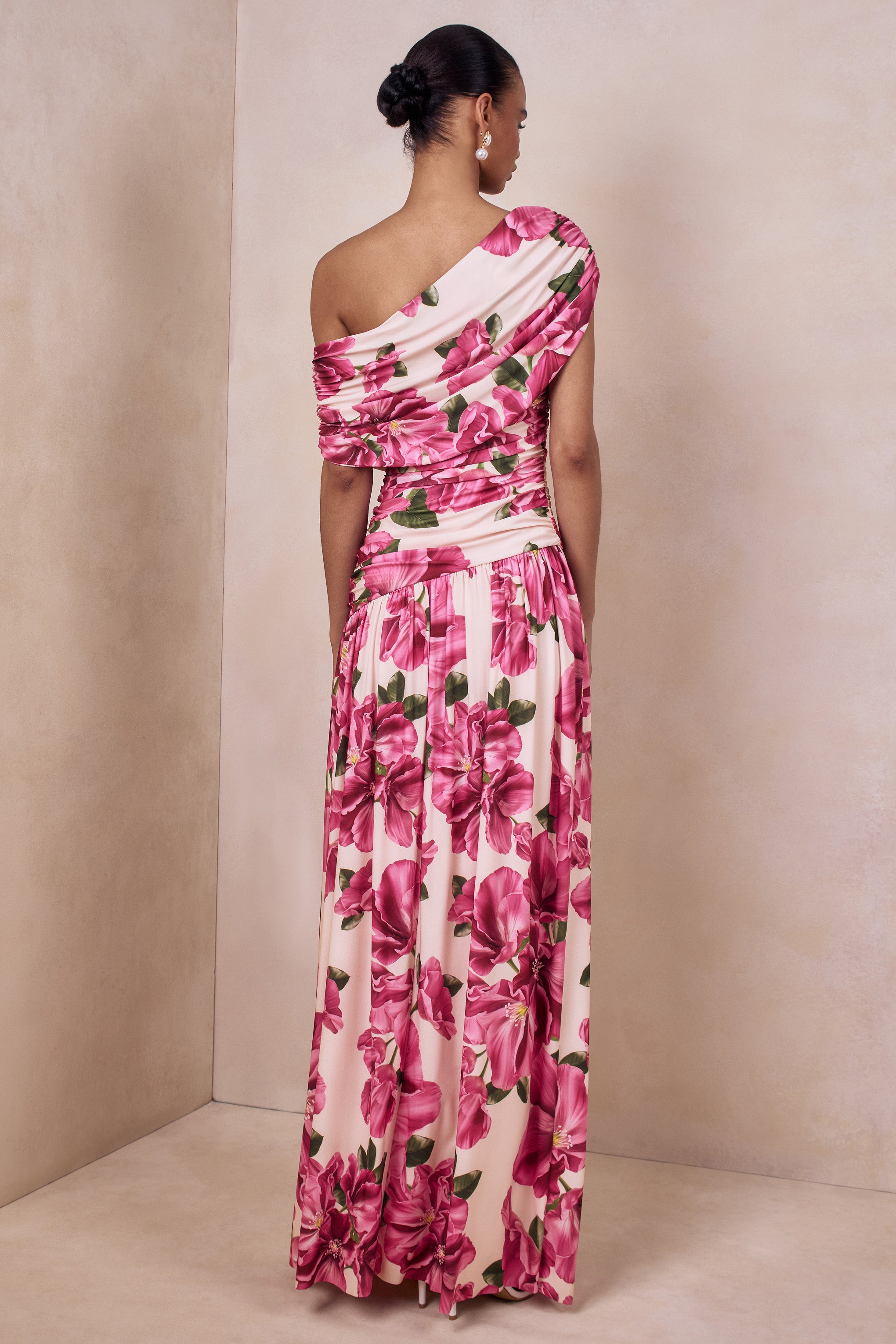 Emberly | Pink Hibiscus Floral Print Asymmetric Neck Maxi Dress With Drop Waist-Sowoom