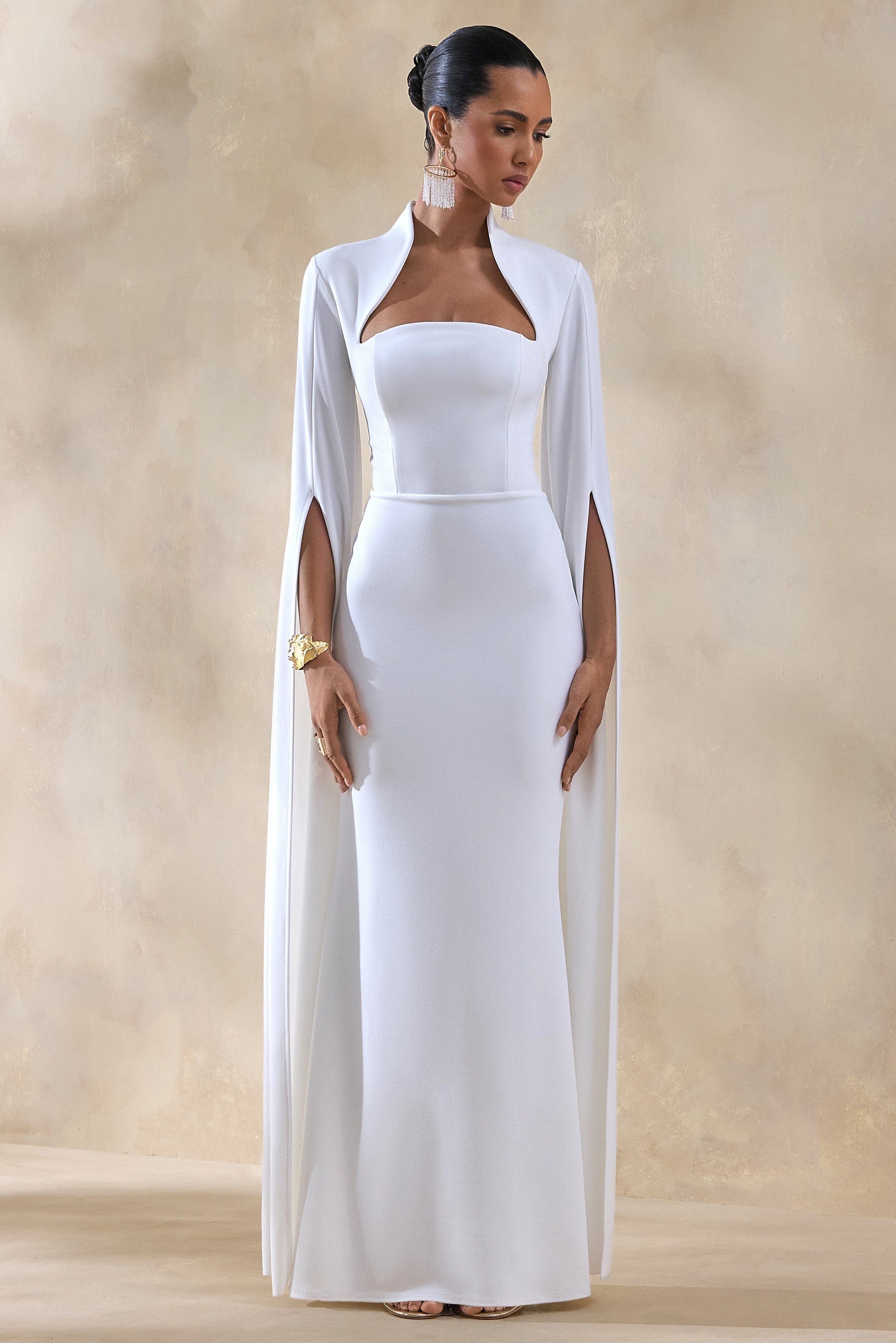 Esme | White Square-Neck Maxi Dress With Cape Sleeves-Sowoom