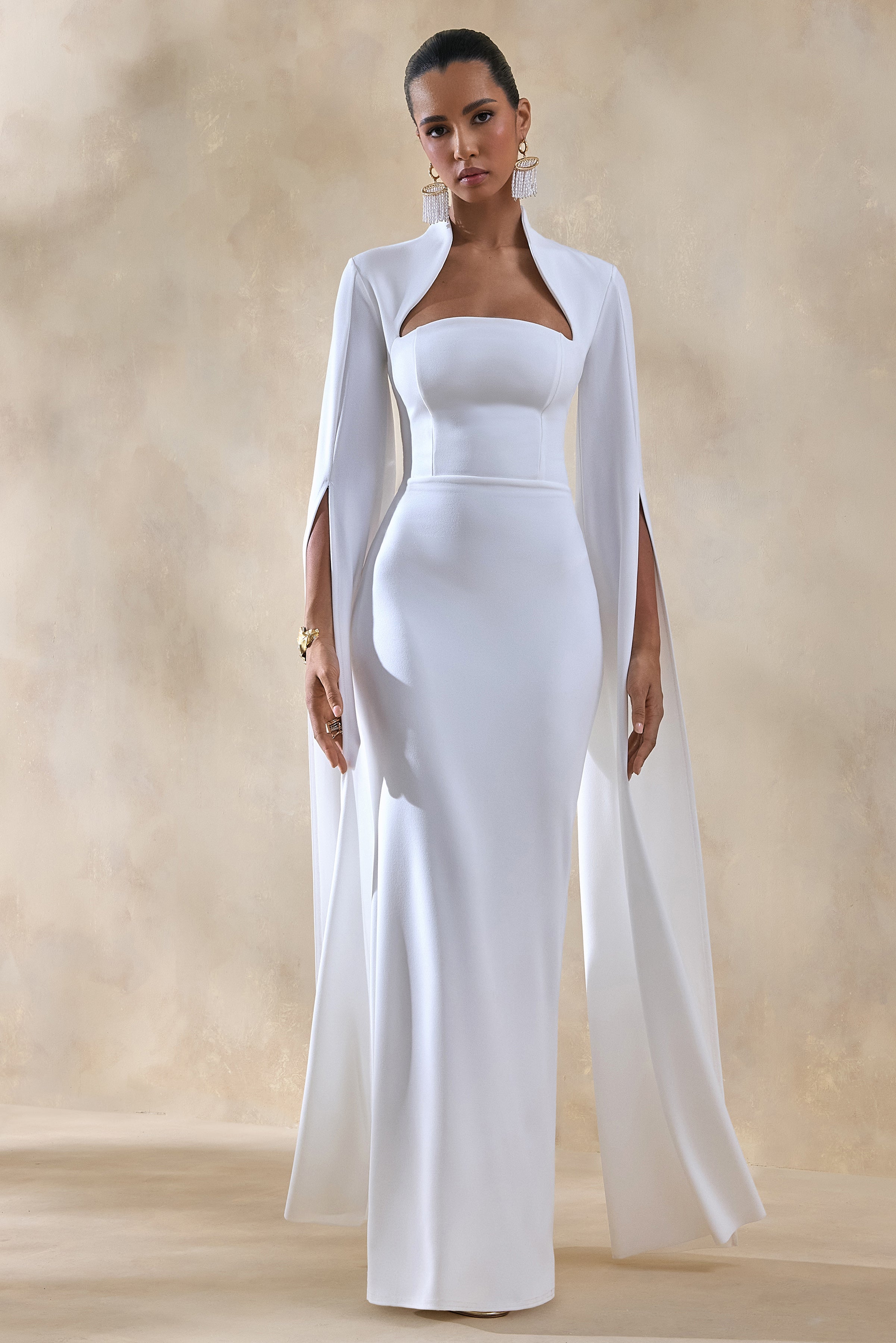 Esme | White Square-Neck Maxi Dress With Cape Sleeves-Sowoom