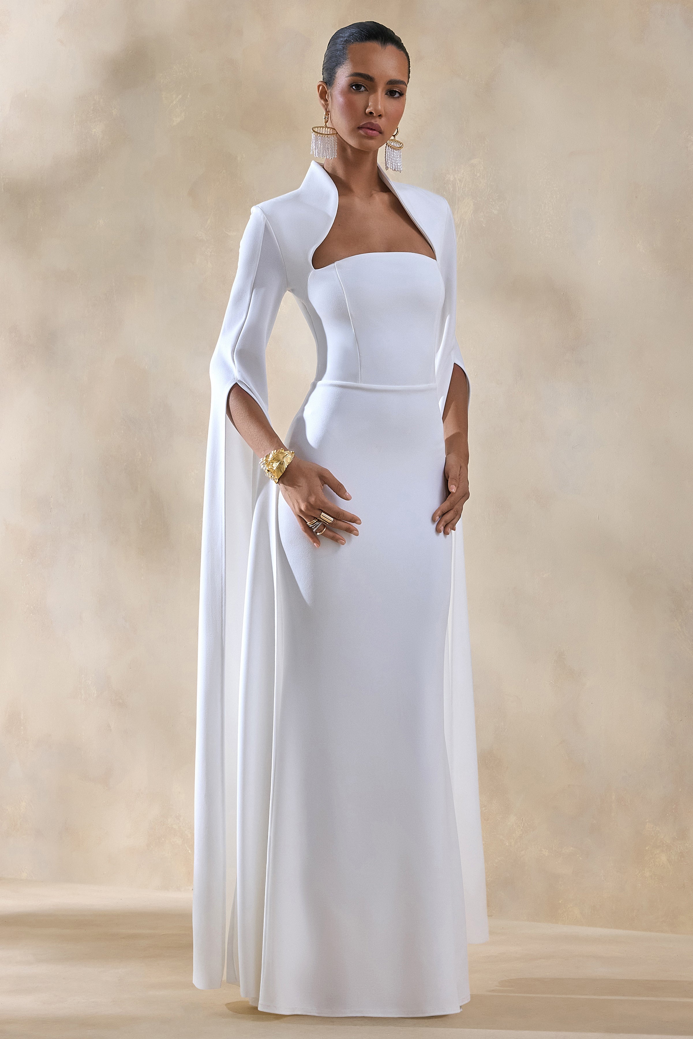 Esme | White Square-Neck Maxi Dress With Cape Sleeves-Sowoom