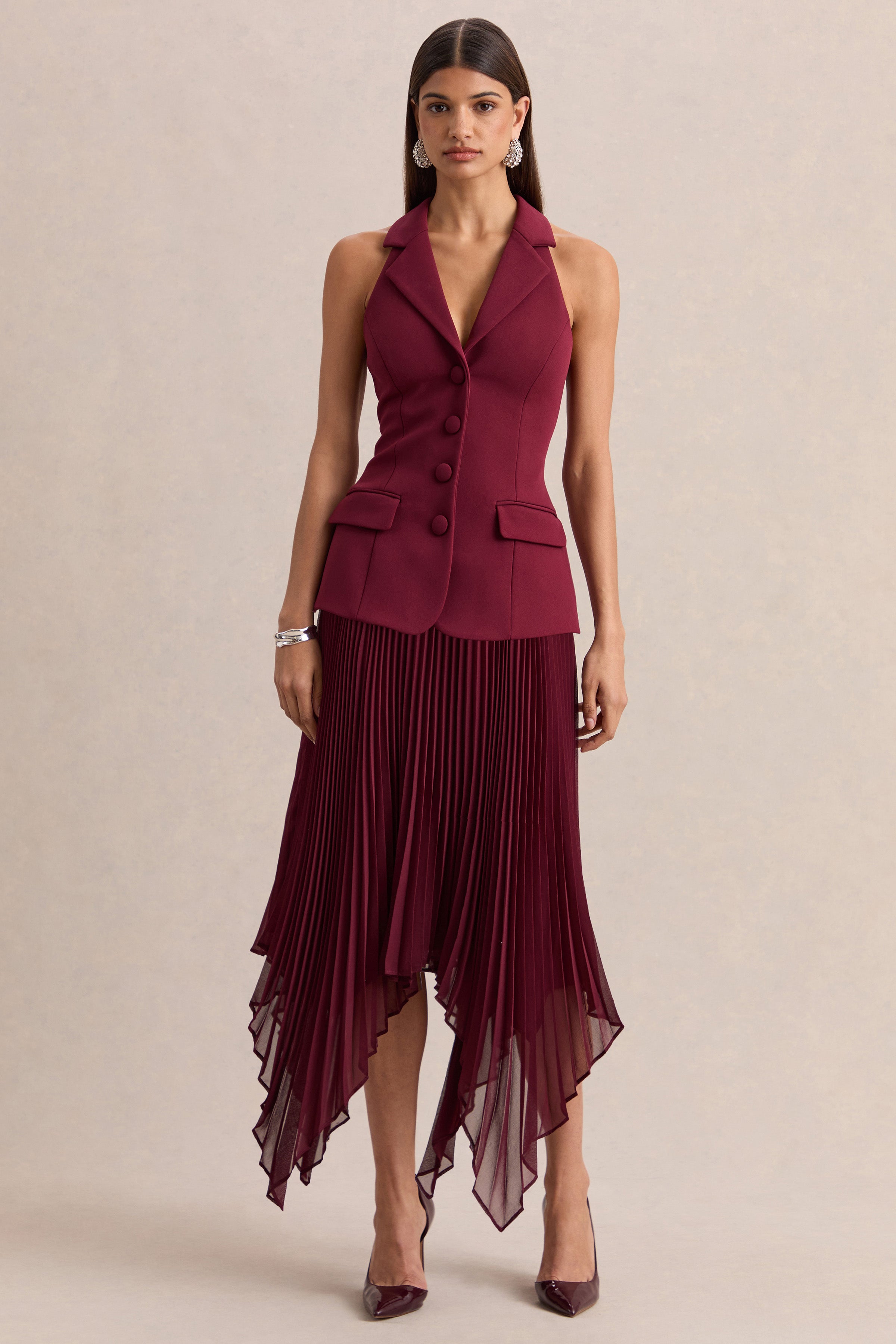 Marvelle | Burgundy Plunge-Neck Maxi Dress With Hanky Hem-Sowoom
