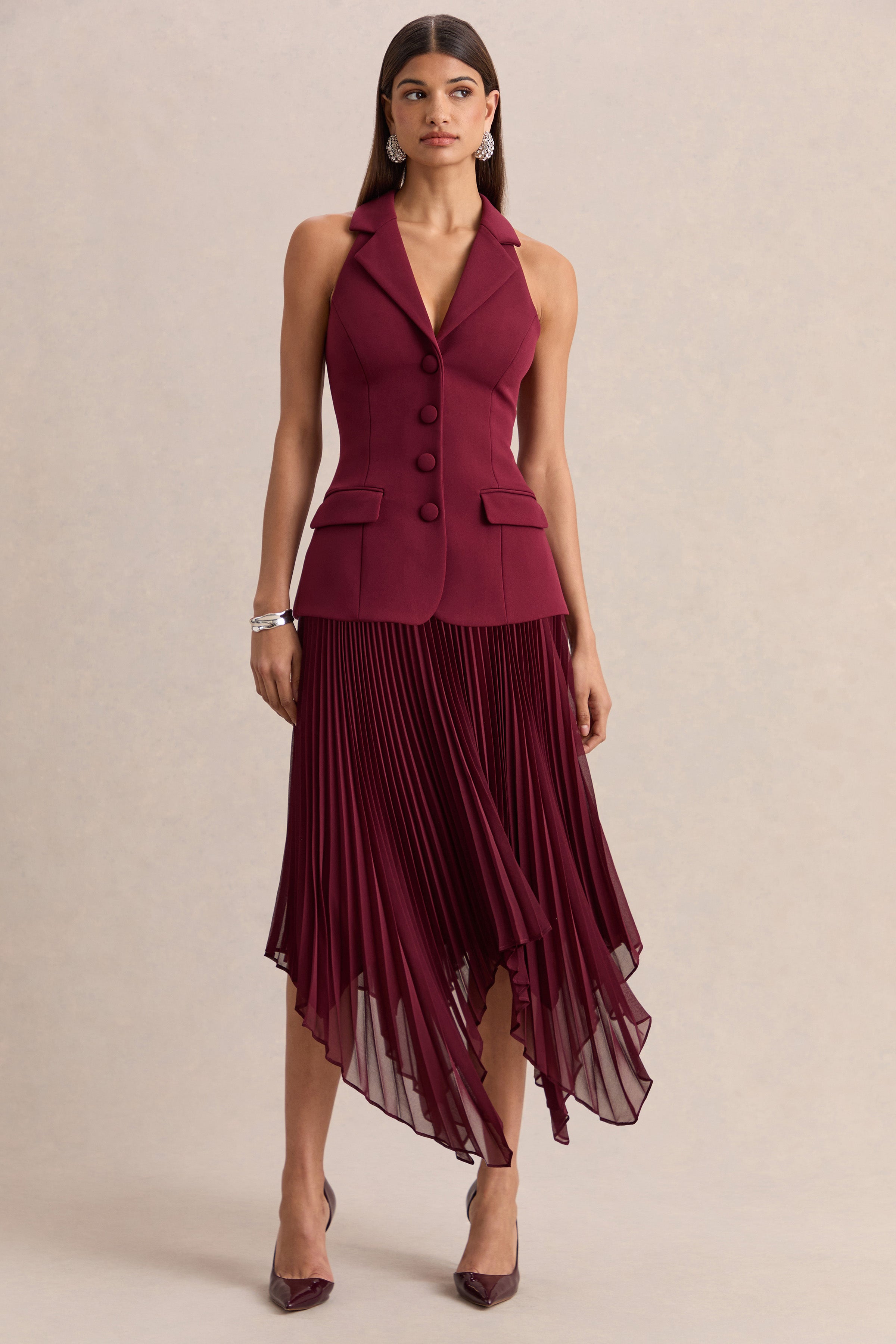 Marvelle | Burgundy Plunge-Neck Maxi Dress With Hanky Hem-Sowoom