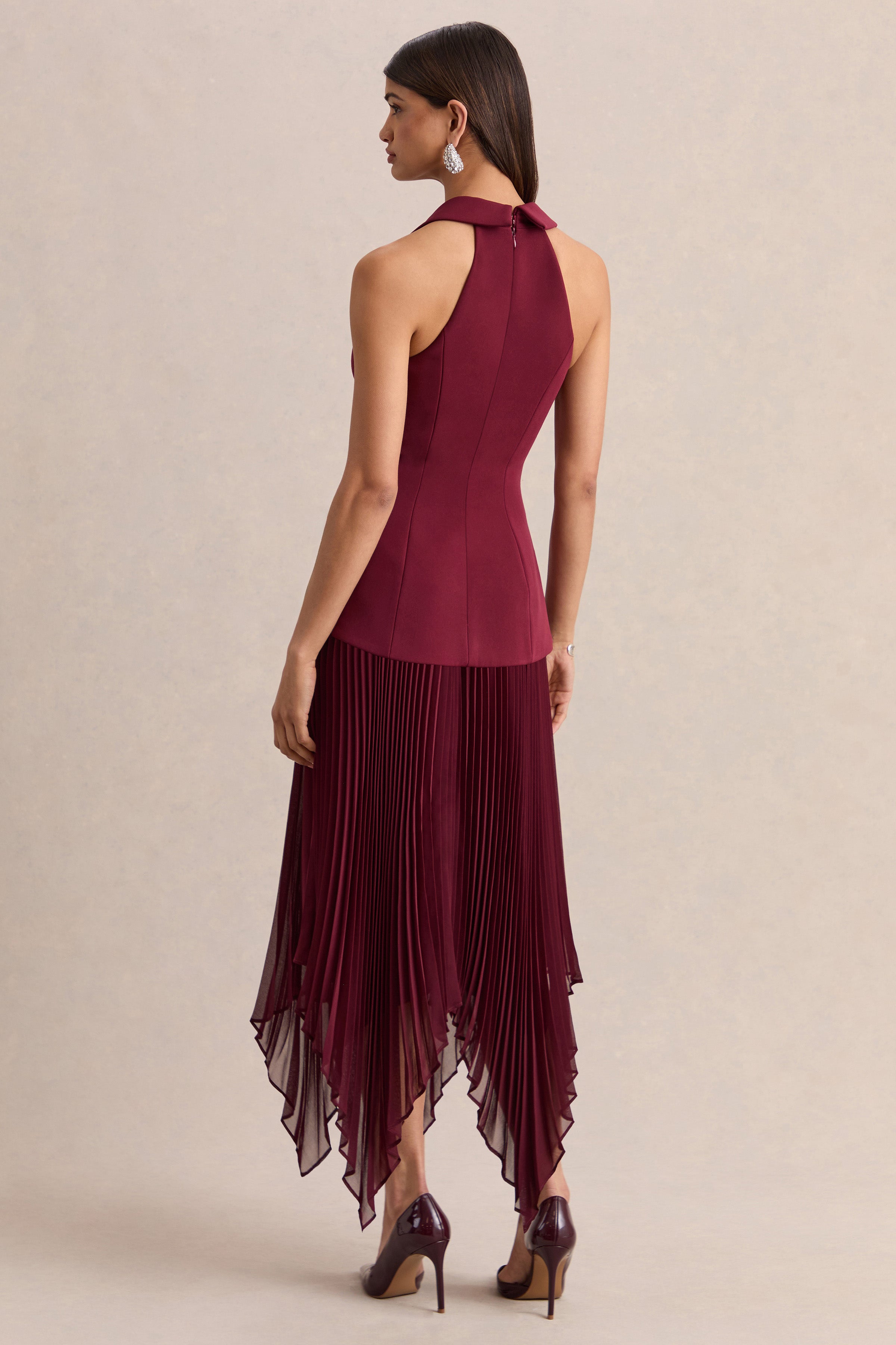 Marvelle | Burgundy Plunge-Neck Maxi Dress With Hanky Hem-Sowoom