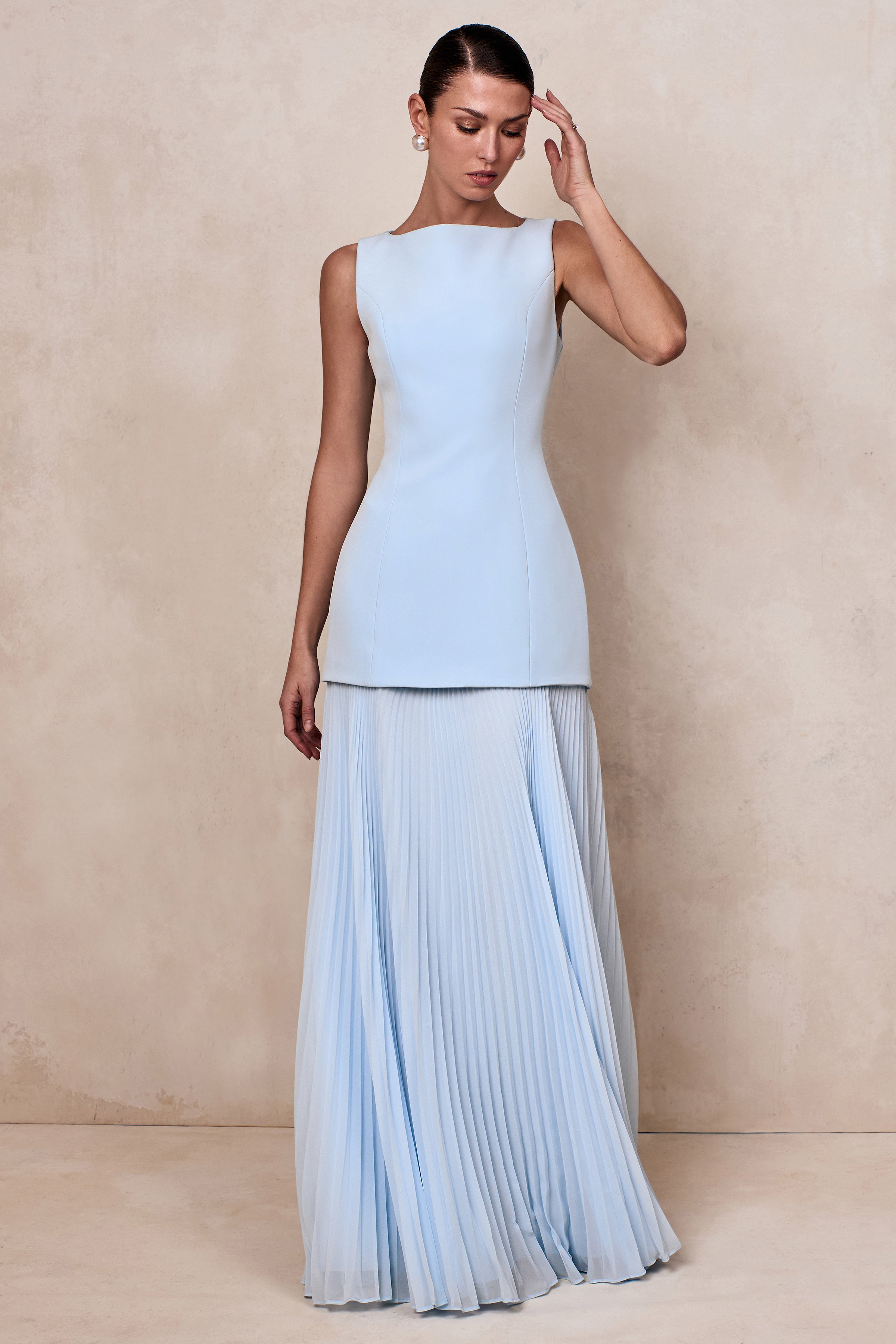 Hadley | Powder Blue Boat-Neck Maxi Dress With Drop-Waist-Sowoom