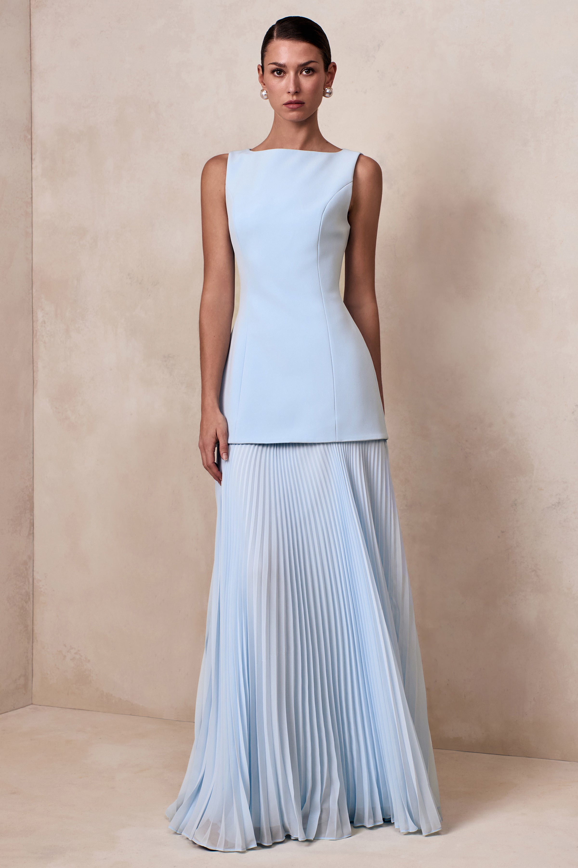 Hadley | Powder Blue Boat-Neck Maxi Dress With Drop-Waist-Sowoom