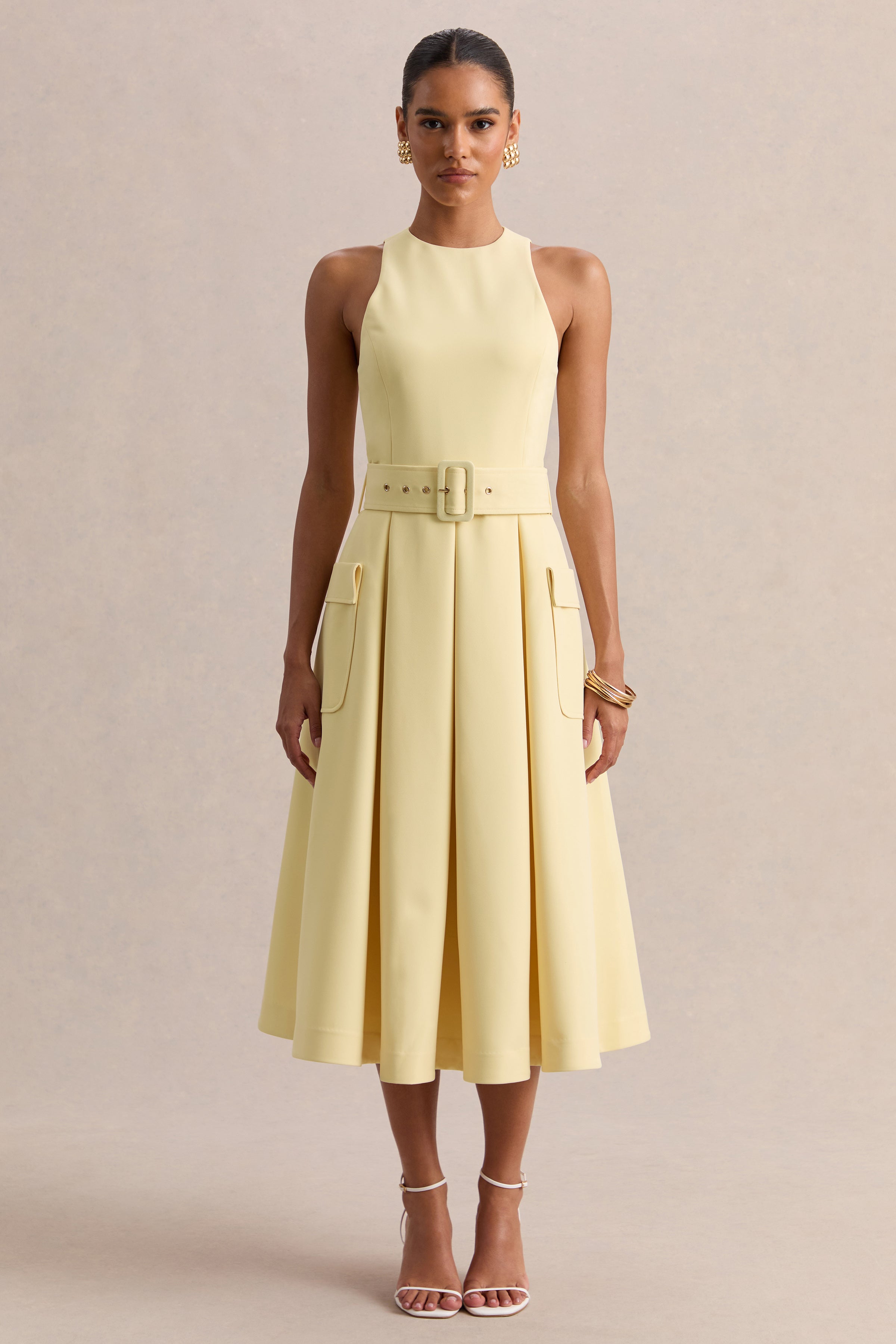 Magnora | Lemon Crew-Neck Belted Midi Dress-Sowoom