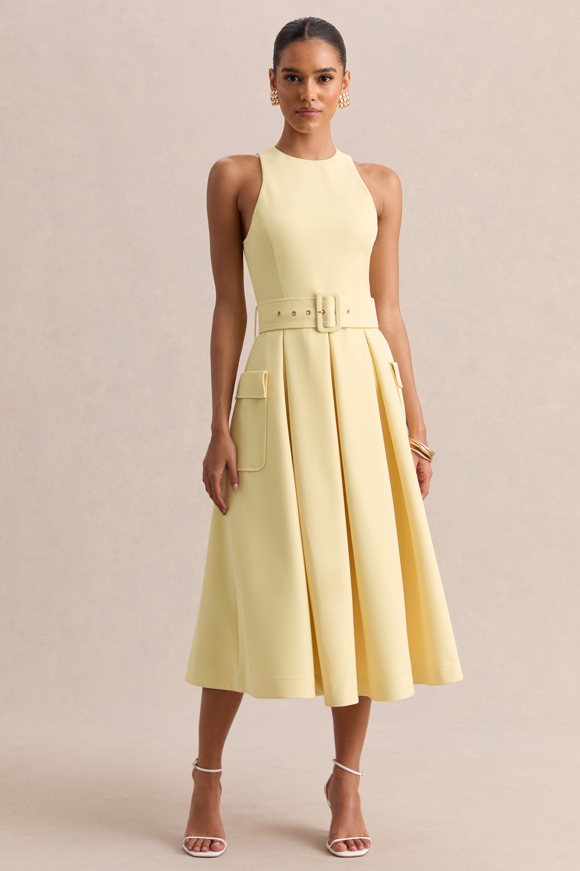 Magnora | Lemon Crew-Neck Belted Midi Dress-Sowoom