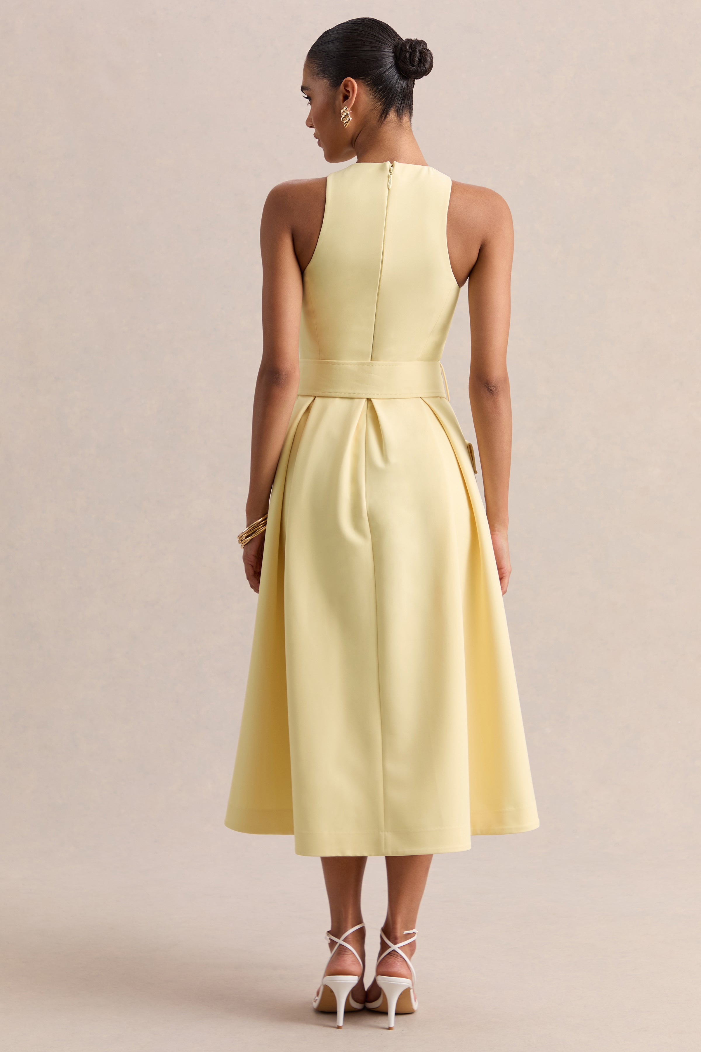 Magnora | Lemon Crew-Neck Belted Midi Dress-Sowoom