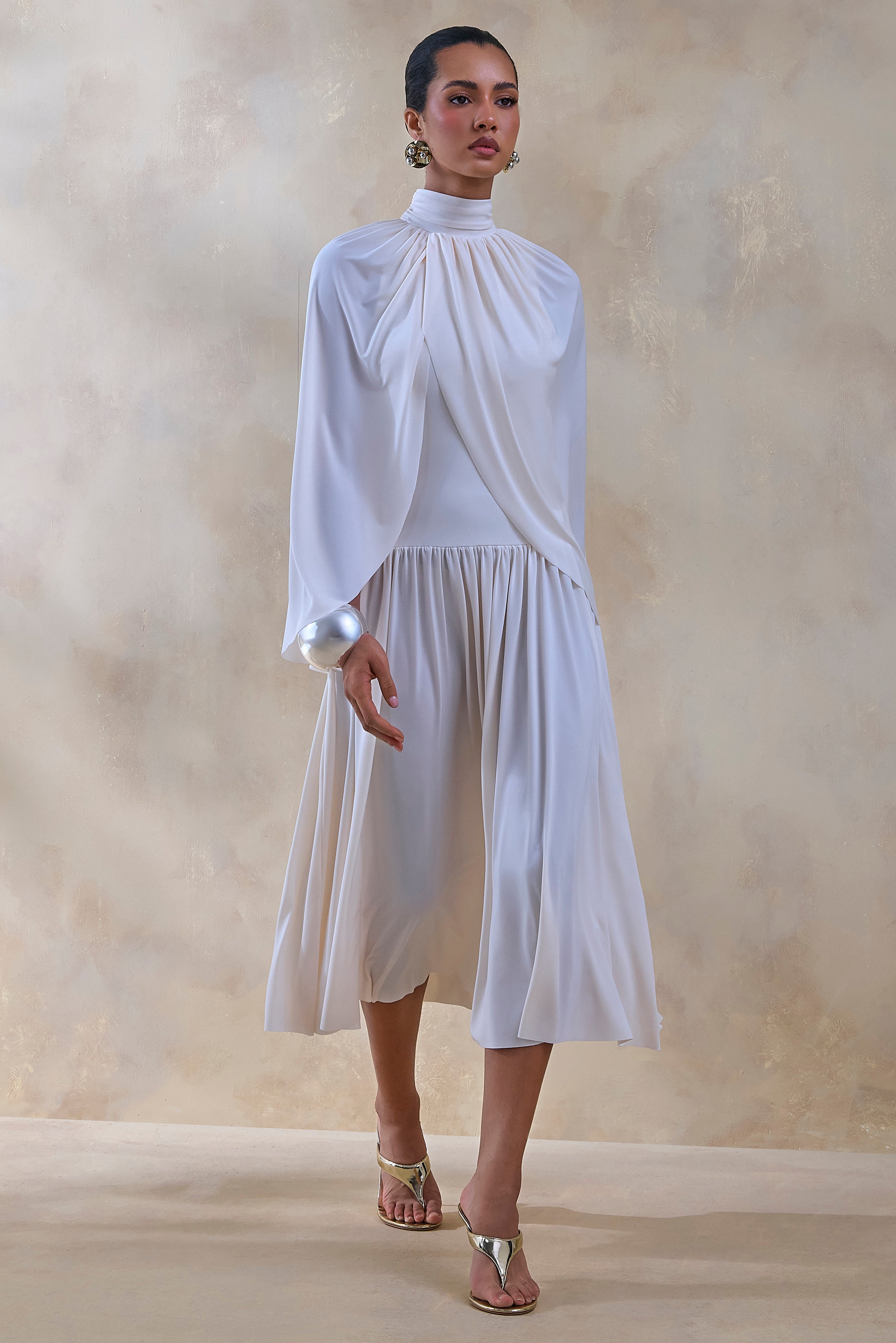 Honora | Cream High-Neck Maxi Dress With Cape-Sleeves-Sowoom