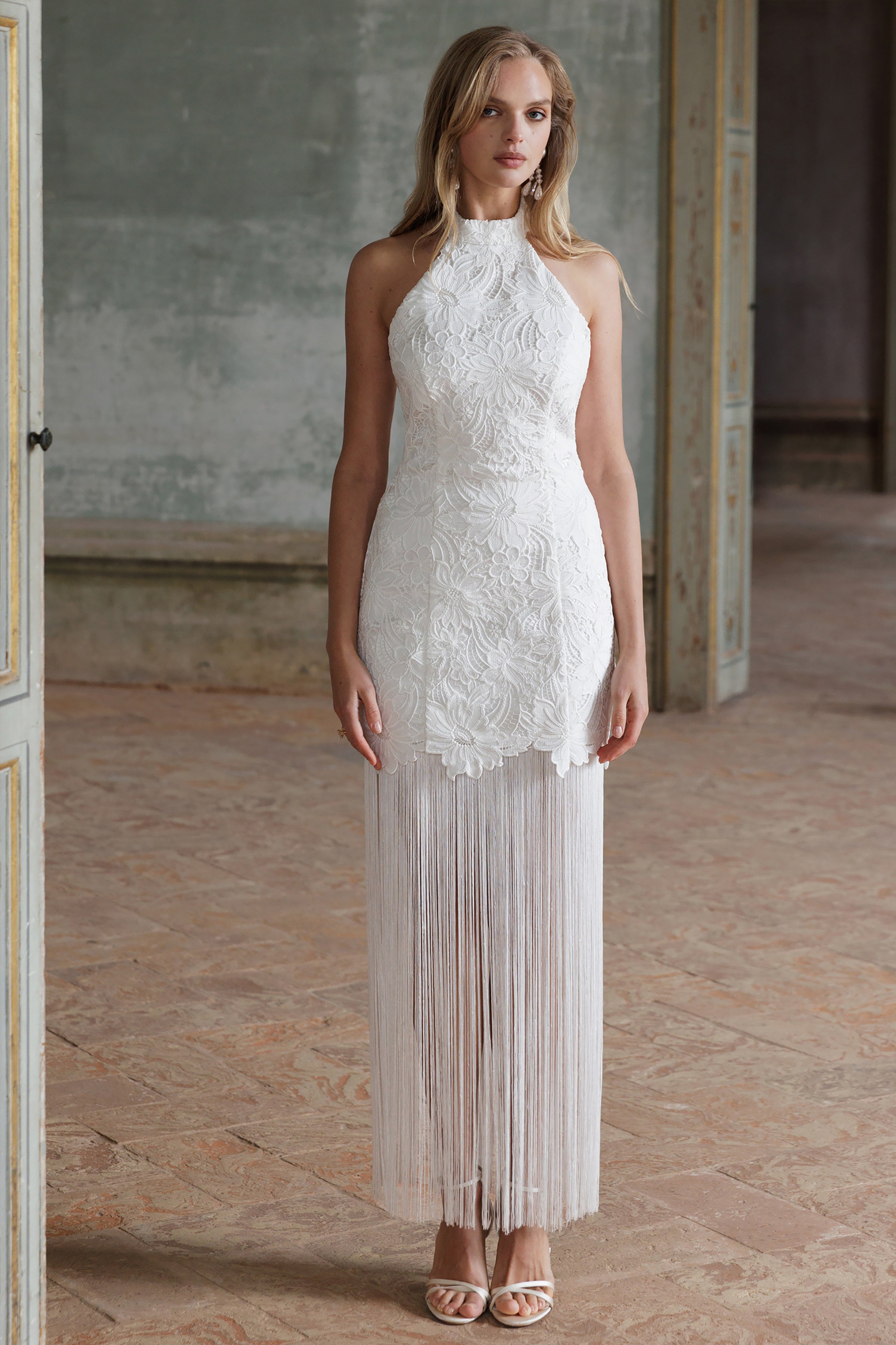 Skylar | White Lace Halter-Neck Maxi Dress With Open-Back And Bow Detail-Sowoom