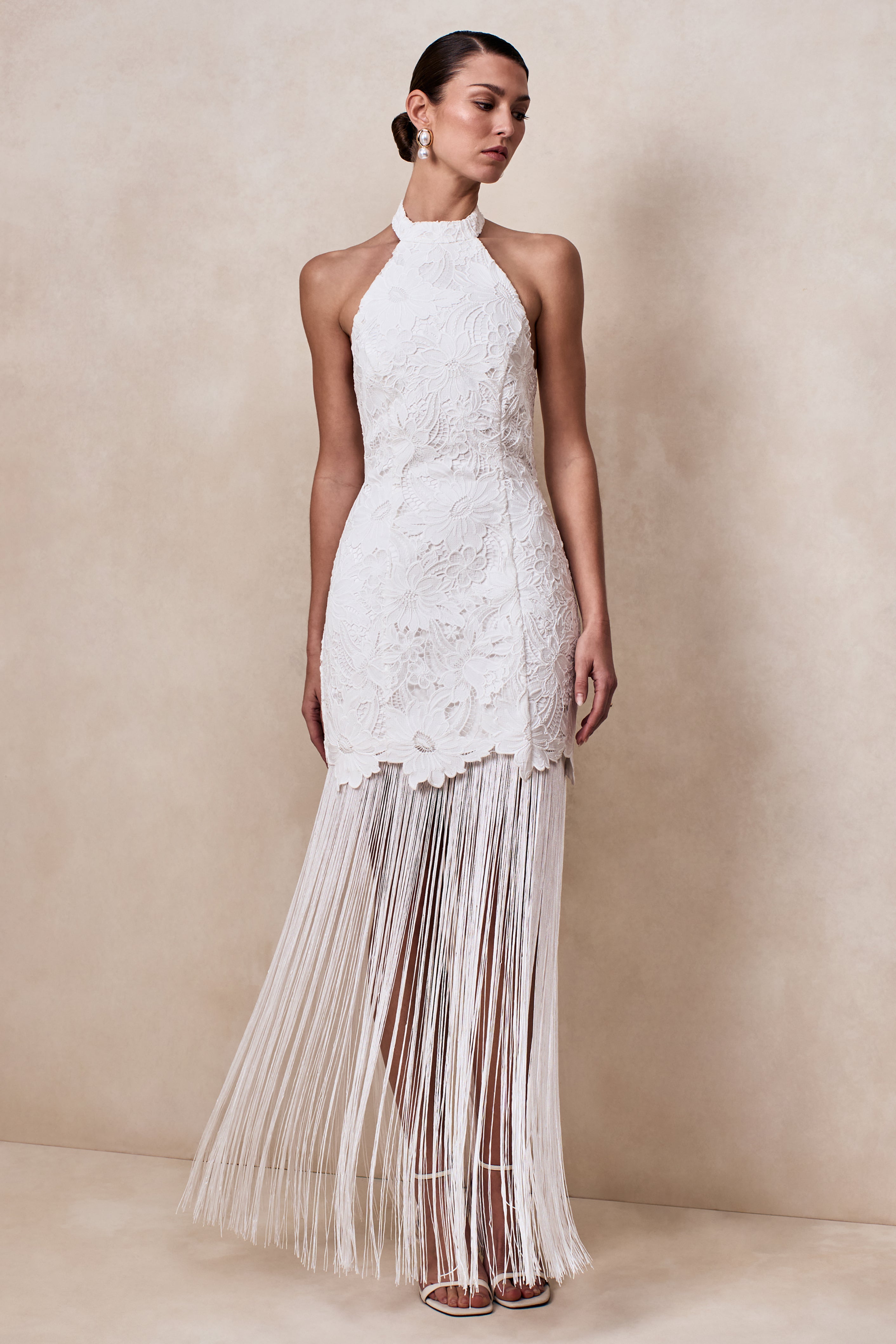 Skylar | White Lace Halter-Neck Maxi Dress With Open-Back And Bow Detail-Sowoom
