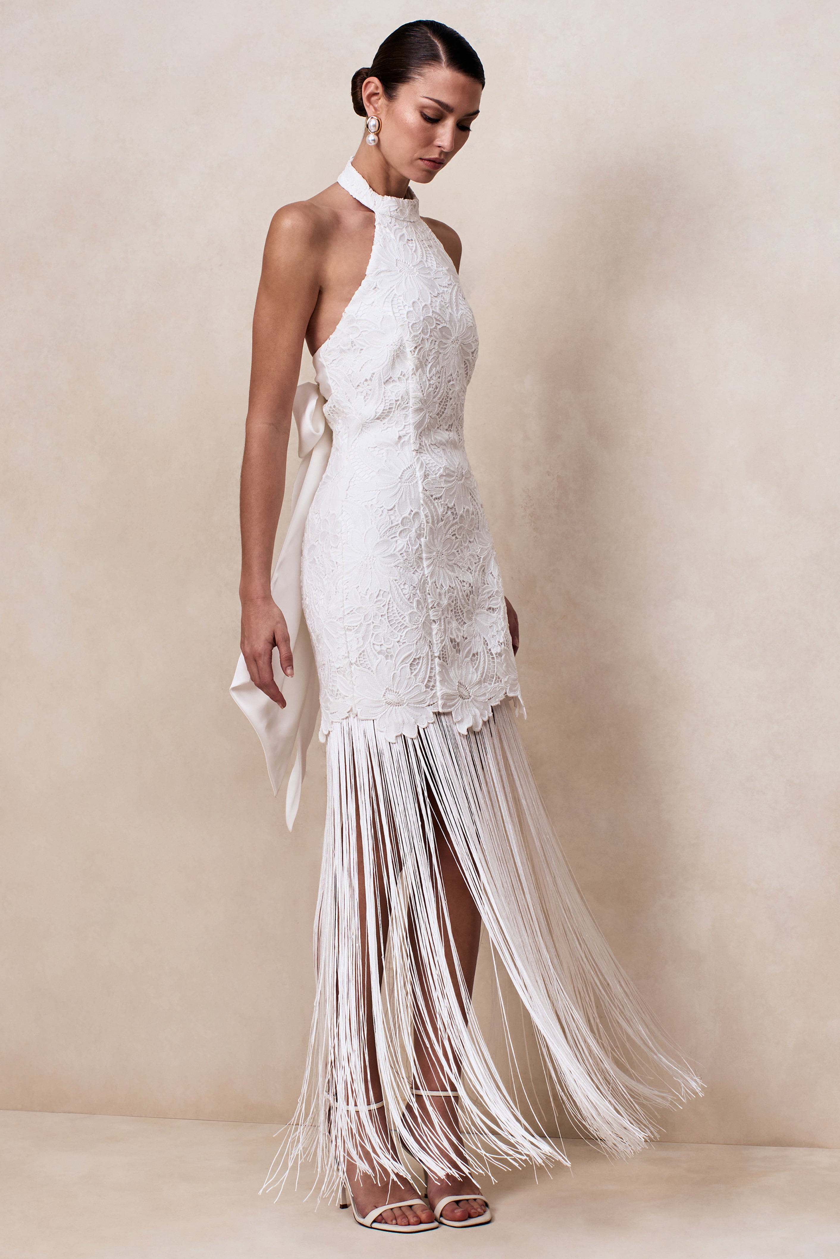 Skylar | White Lace Halter-Neck Maxi Dress With Open-Back And Bow Detail-Sowoom