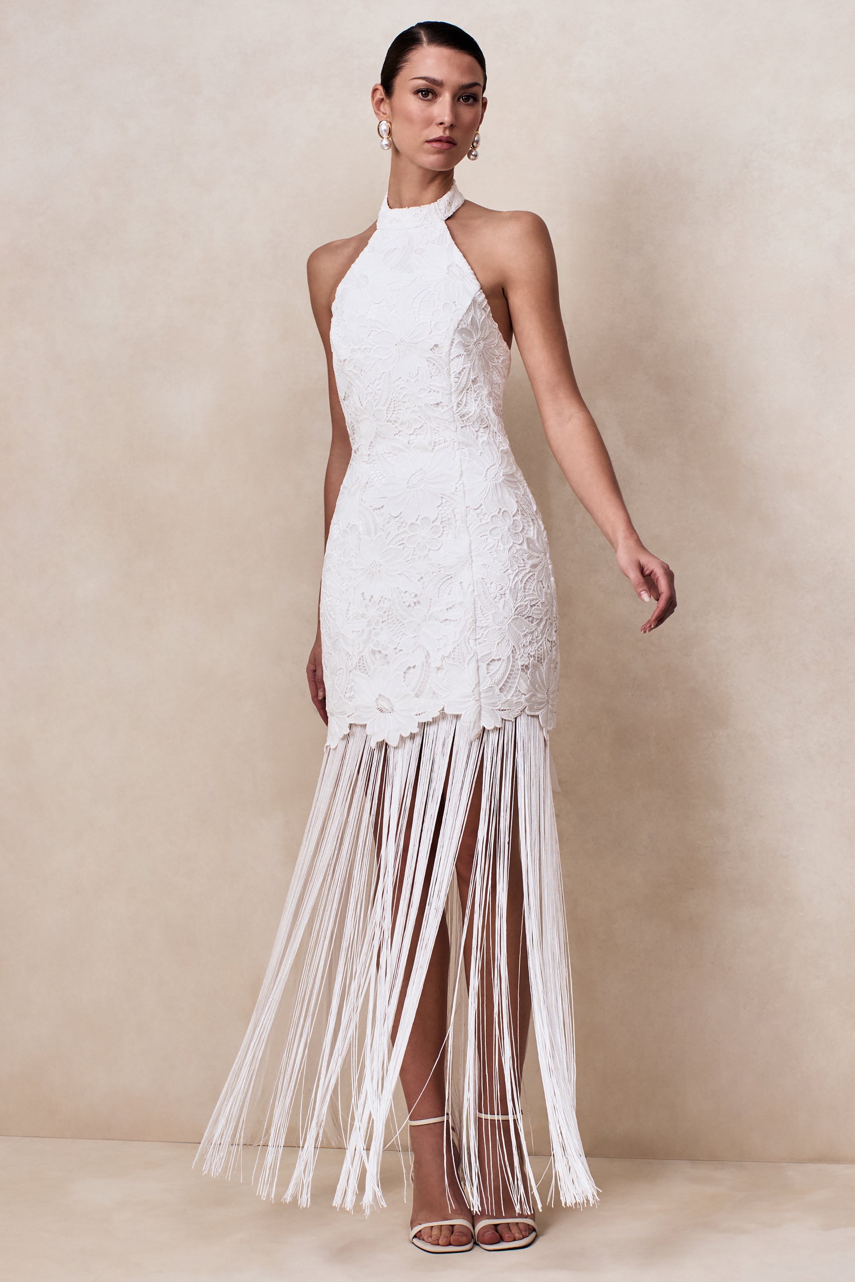 Skylar | White Lace Halter-Neck Maxi Dress With Open-Back And Bow Detail-Sowoom