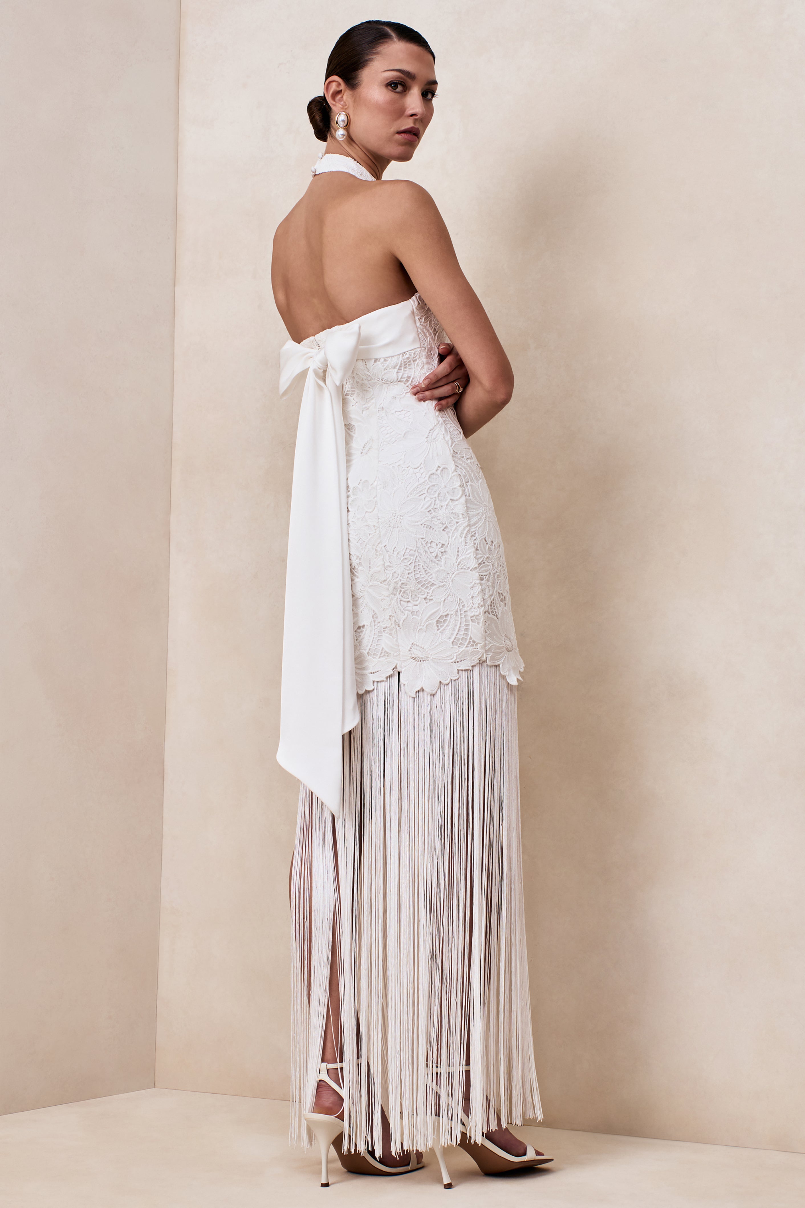 Skylar | White Lace Halter-Neck Maxi Dress With Open-Back And Bow Detail-Sowoom