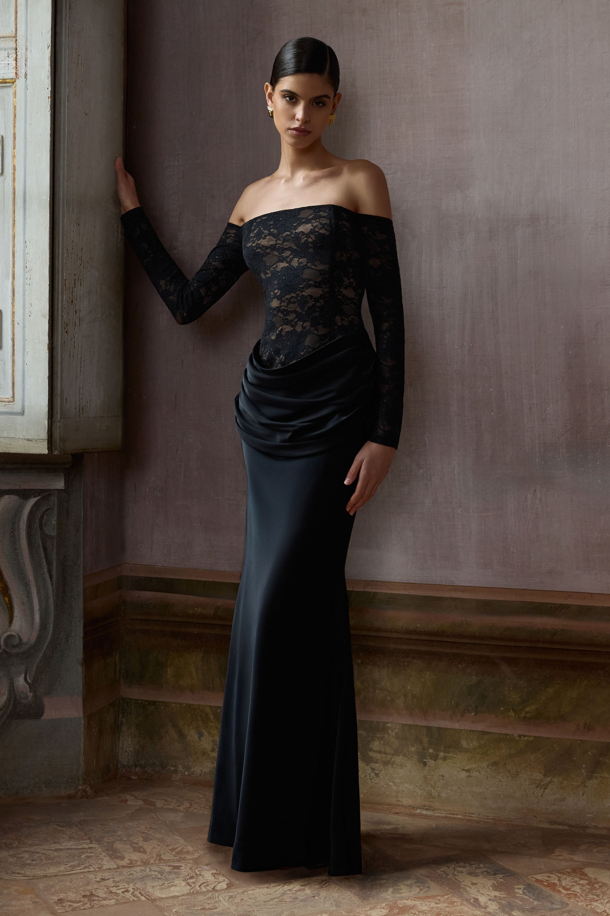 Rinna | Black Lace And Satin Bardot-Neck Maxi Dress-Sowoom