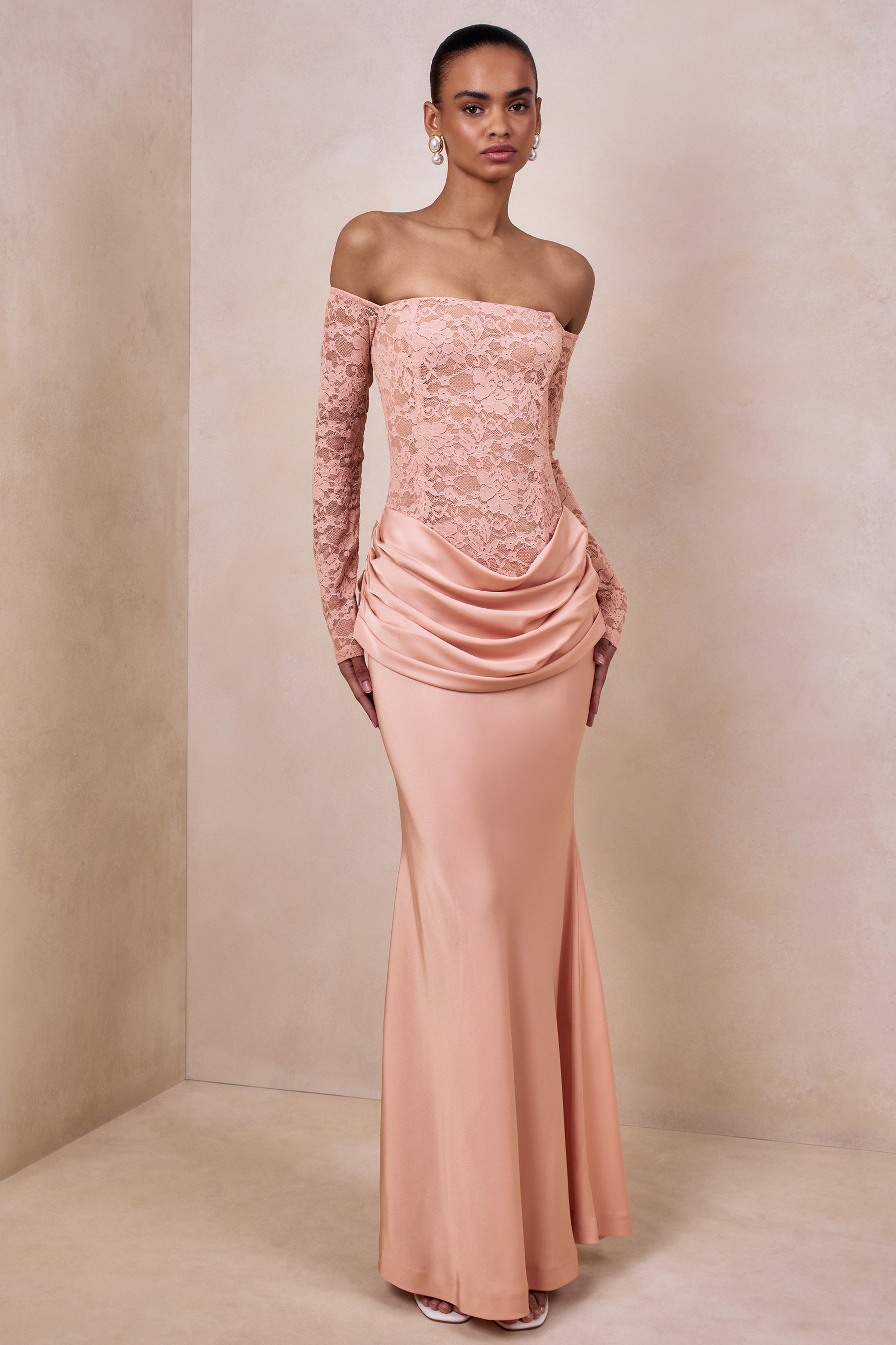 Rinna | Pink Lace And Satin Bardot-Neck Maxi Dress-Sowoom