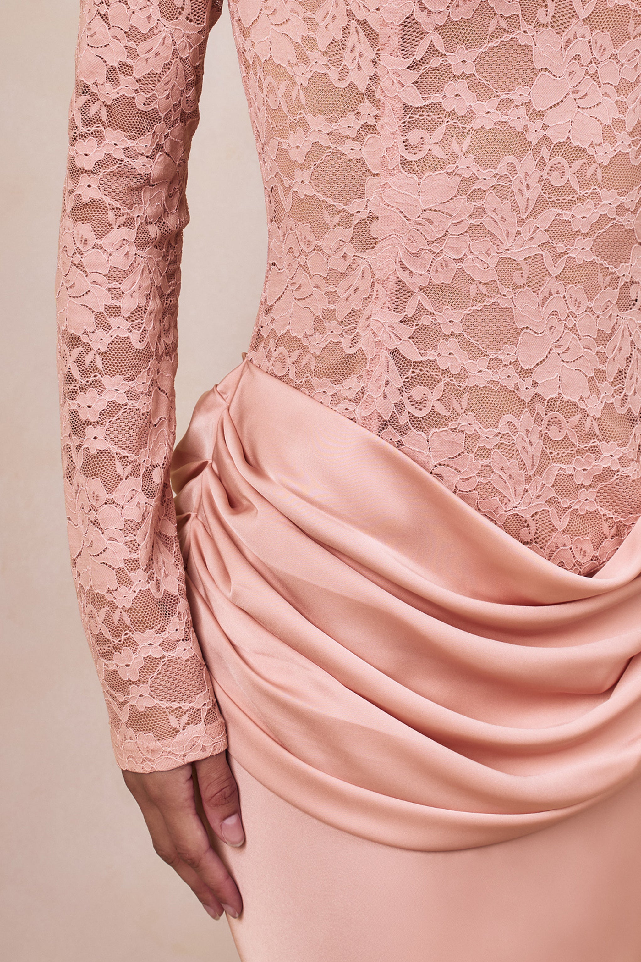 Rinna | Pink Lace And Satin Bardot-Neck Maxi Dress-Sowoom