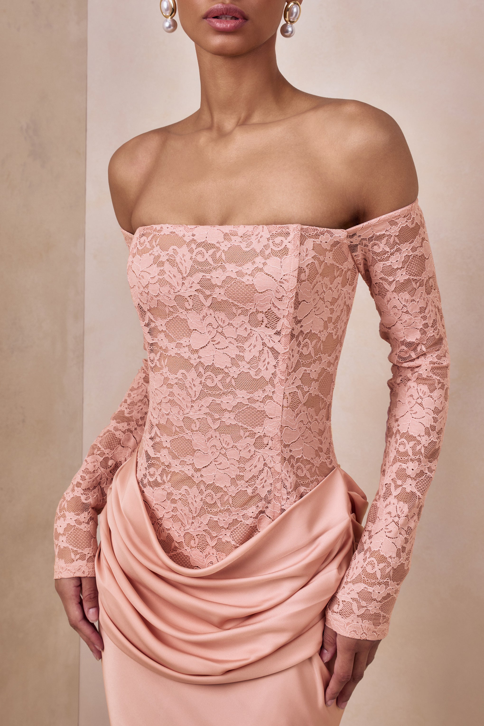 Rinna | Pink Lace And Satin Bardot-Neck Maxi Dress-Sowoom