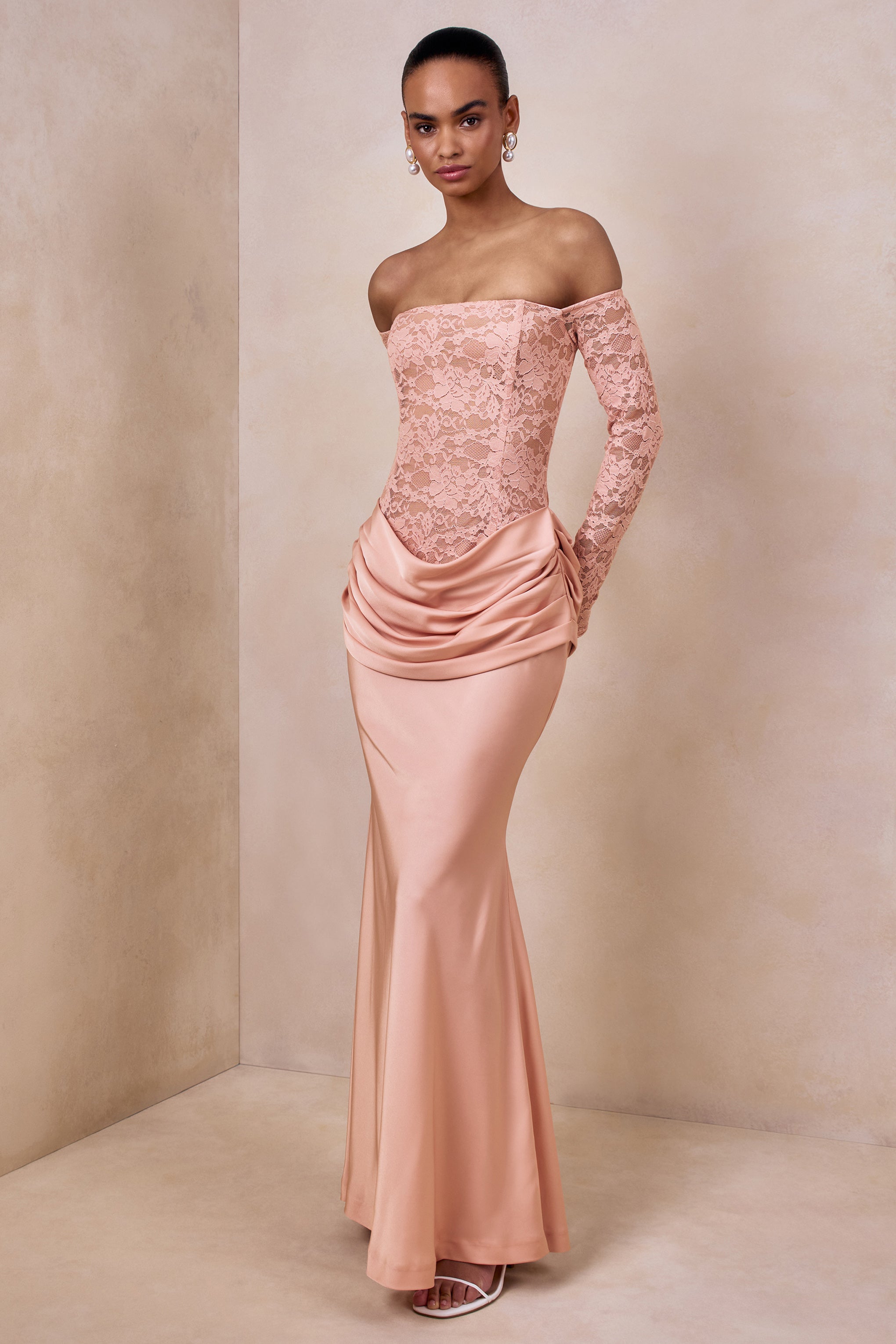 Rinna | Pink Lace And Satin Bardot-Neck Maxi Dress-Sowoom