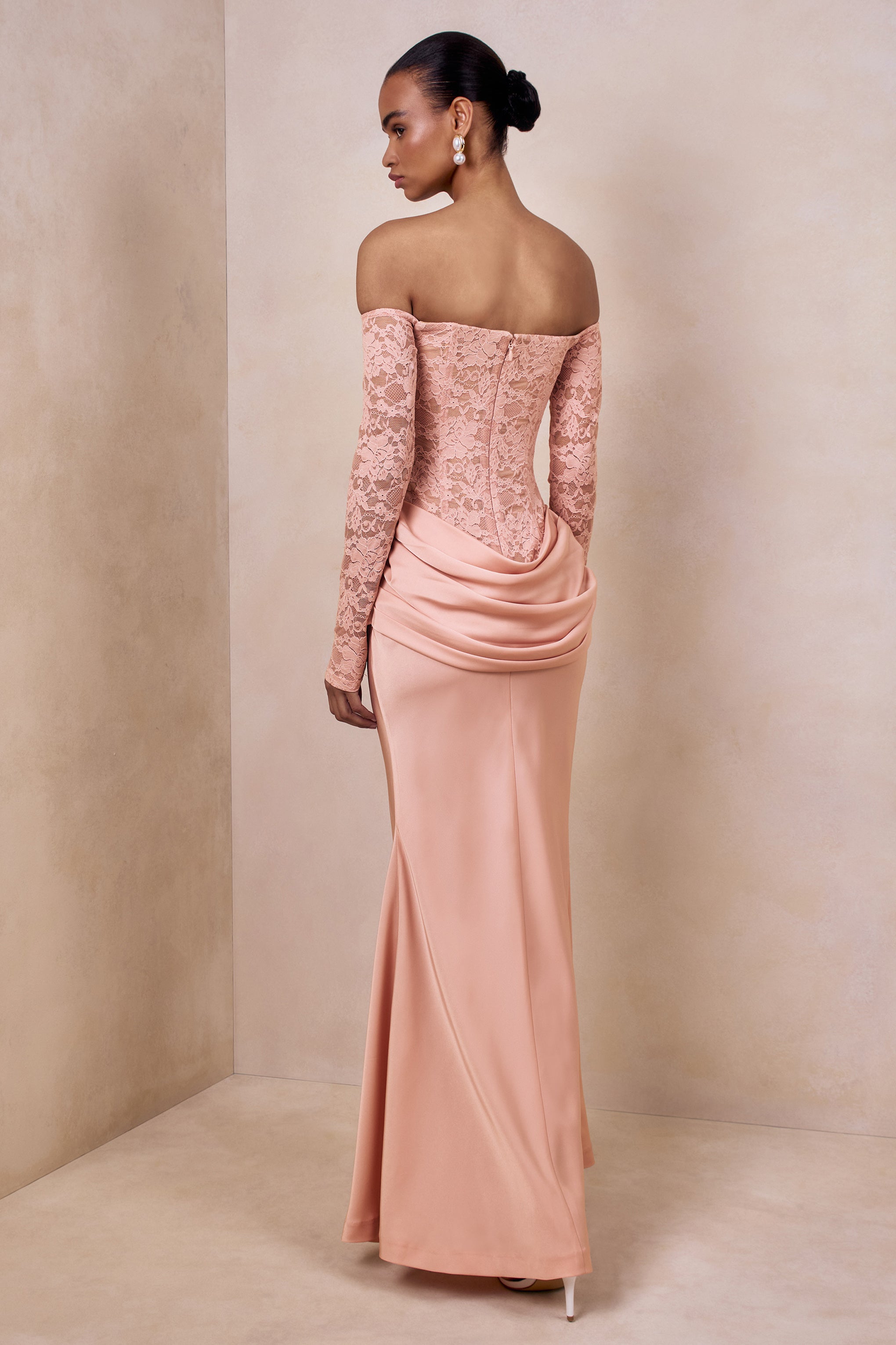 Rinna | Pink Lace And Satin Bardot-Neck Maxi Dress-Sowoom