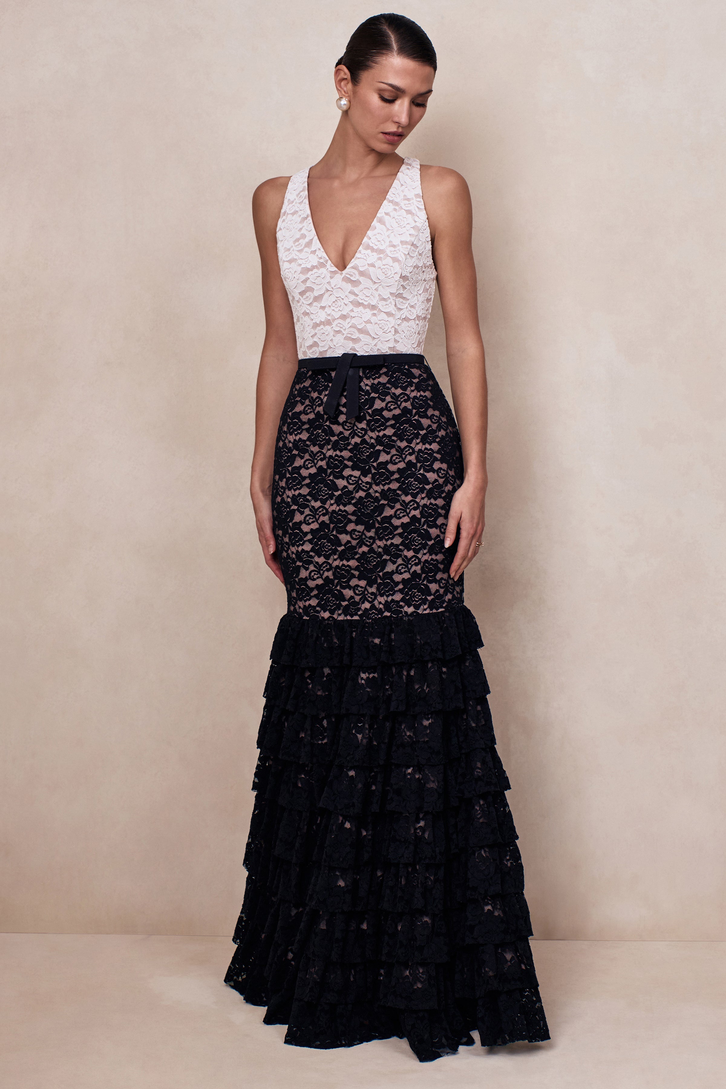 Isoria | Black And White Lace Halter-Neck Maxi Dress With Bow-Belt Detail-Sowoom