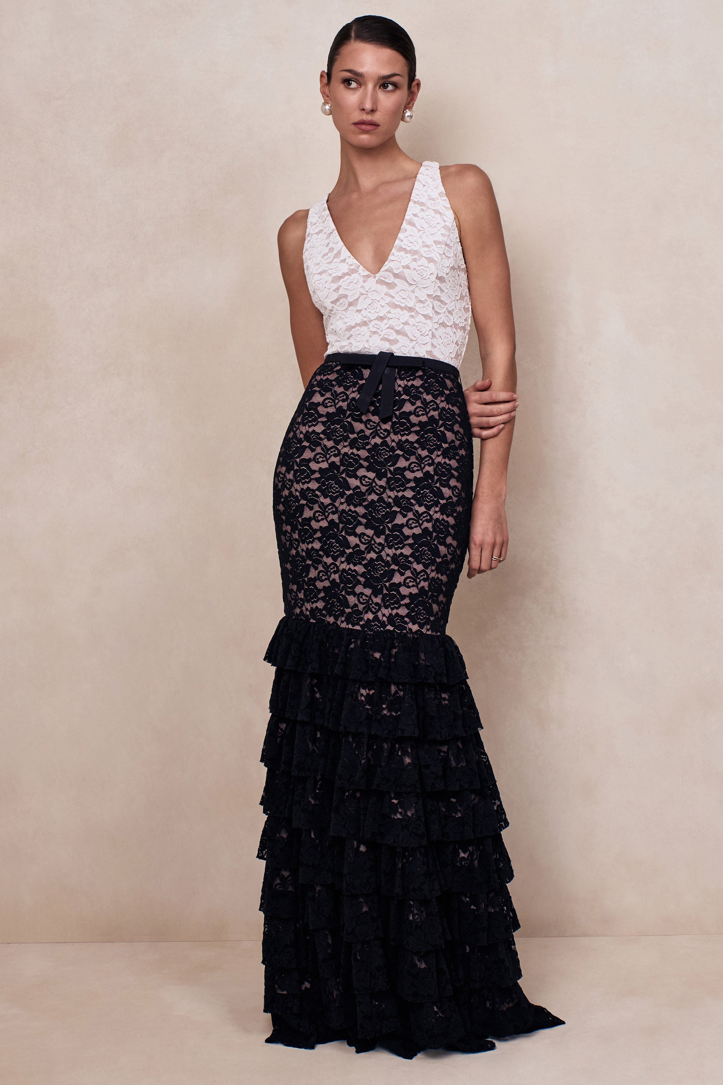 Isoria | Black And White Lace Halter-Neck Maxi Dress With Bow-Belt Detail-Sowoom