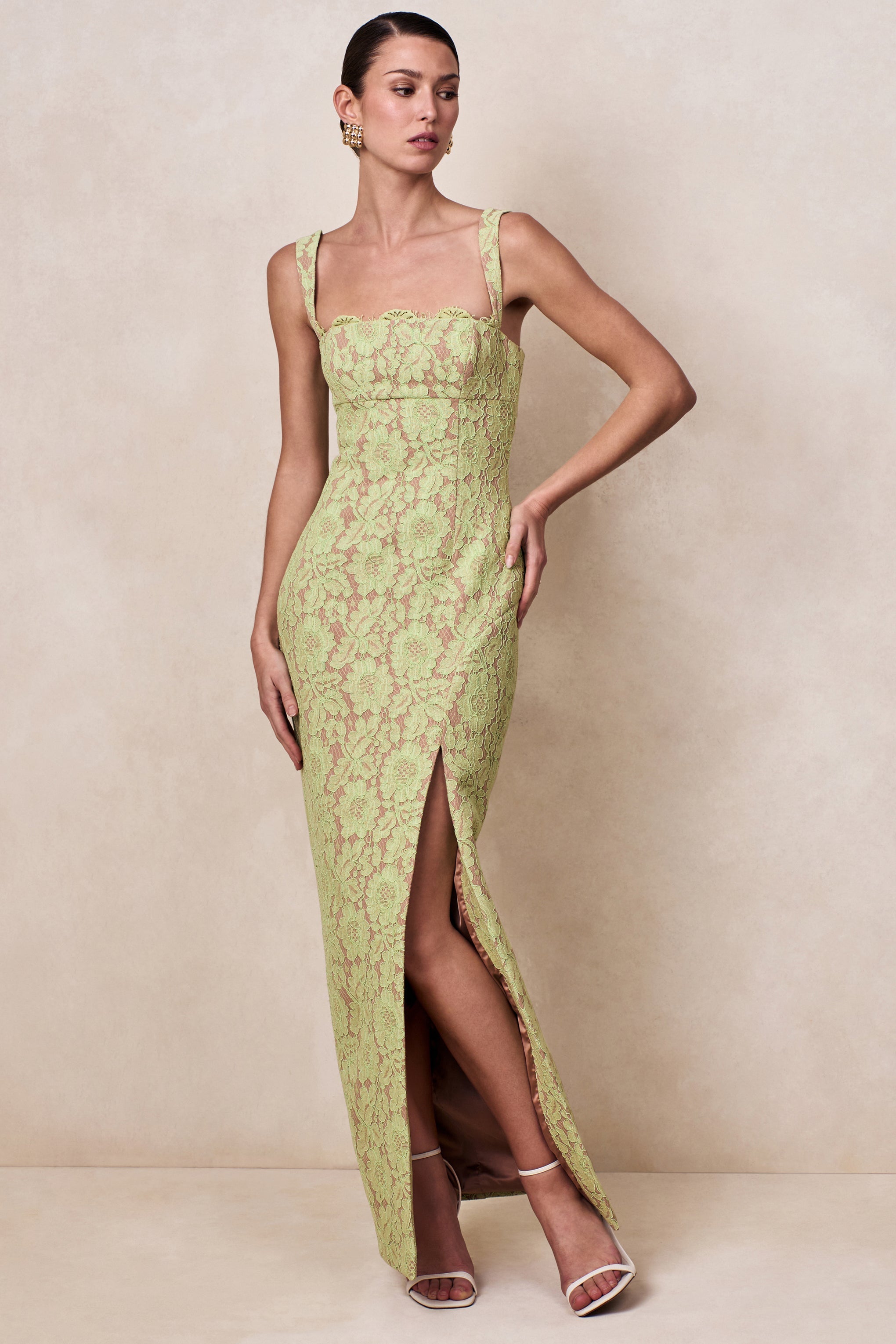 Zarisse | Green Lace Square-Neck Maxi Dress-Sowoom