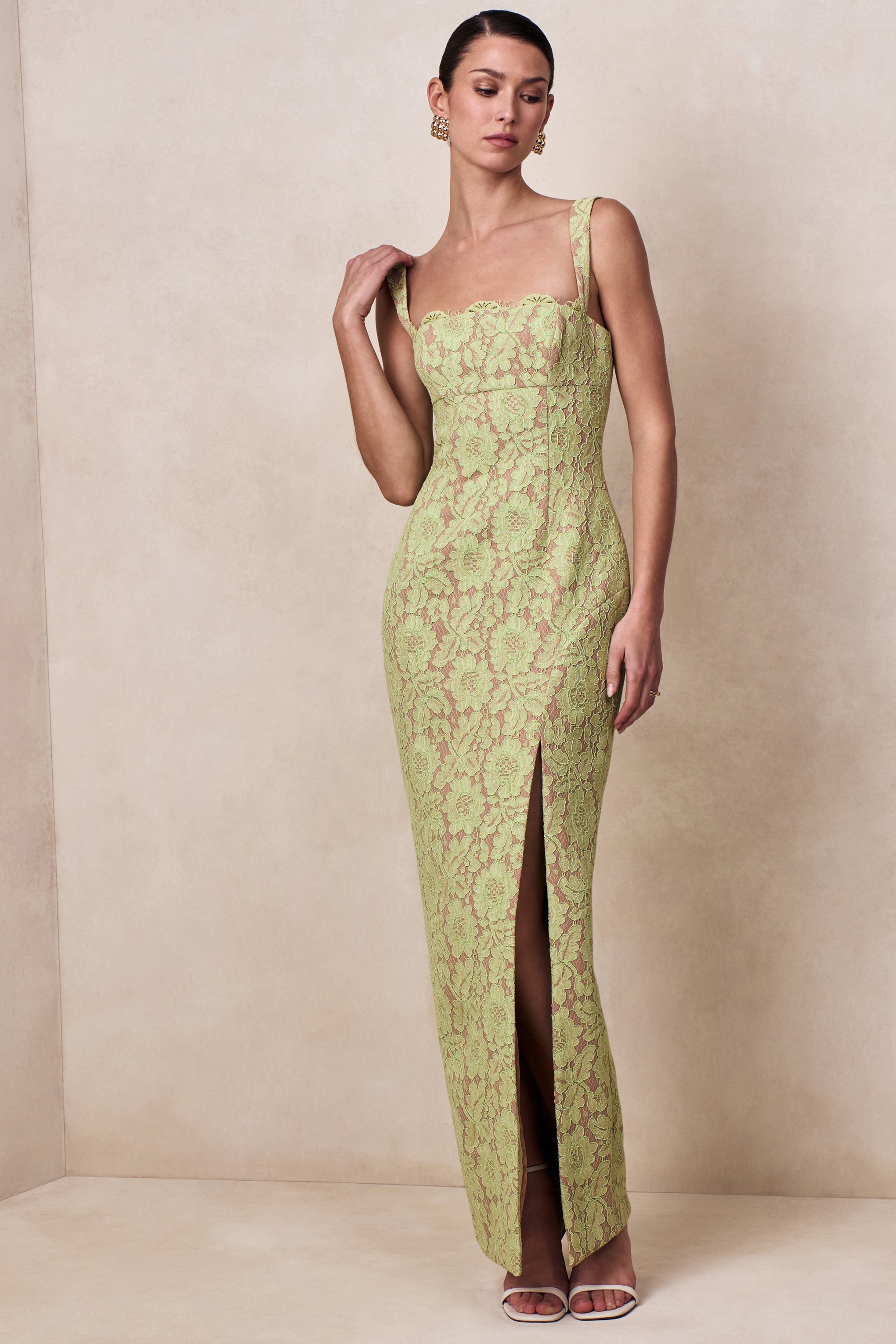 Zarisse | Green Lace Square-Neck Maxi Dress-Sowoom
