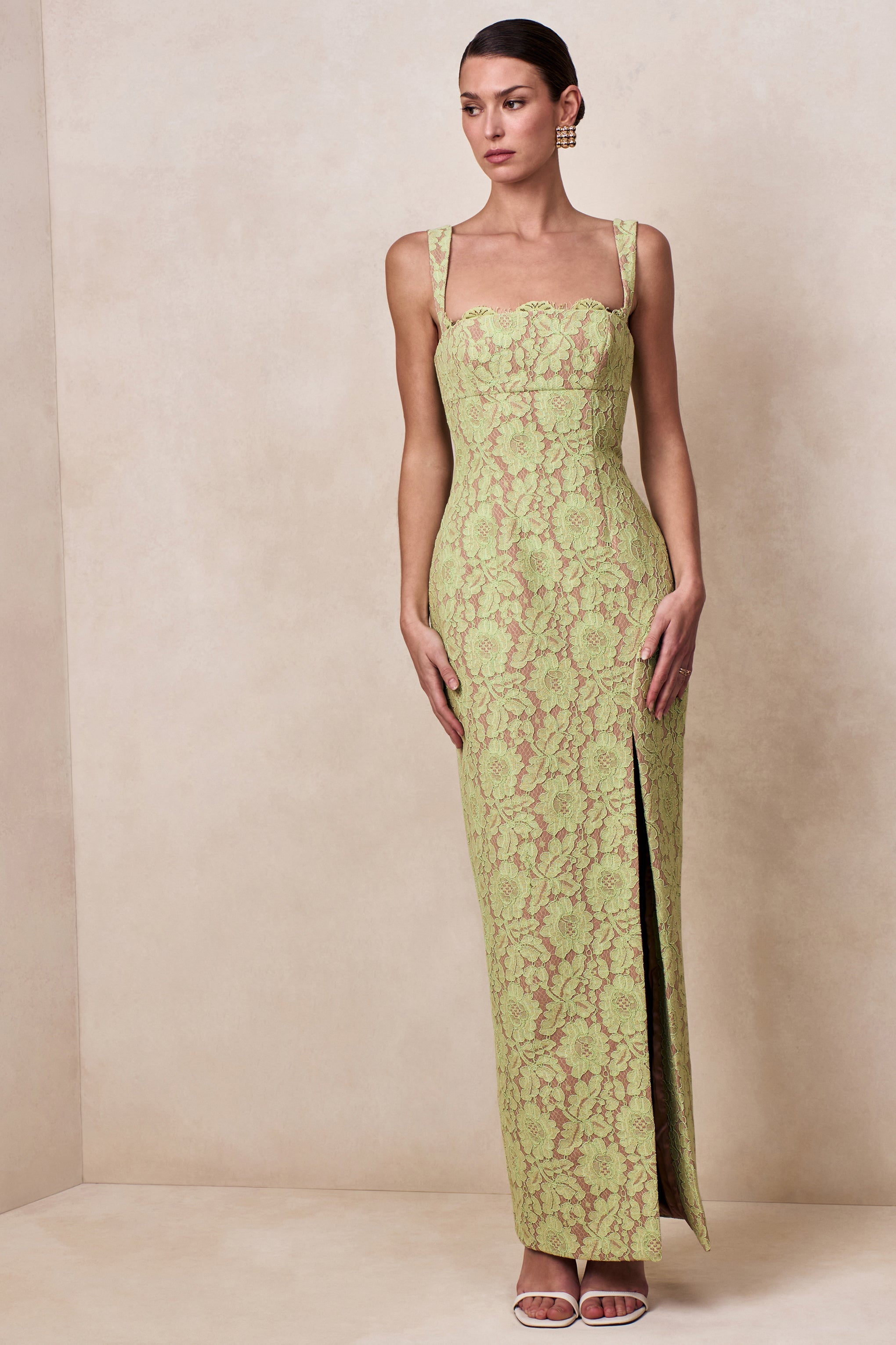 Zarisse | Green Lace Square-Neck Maxi Dress-Sowoom