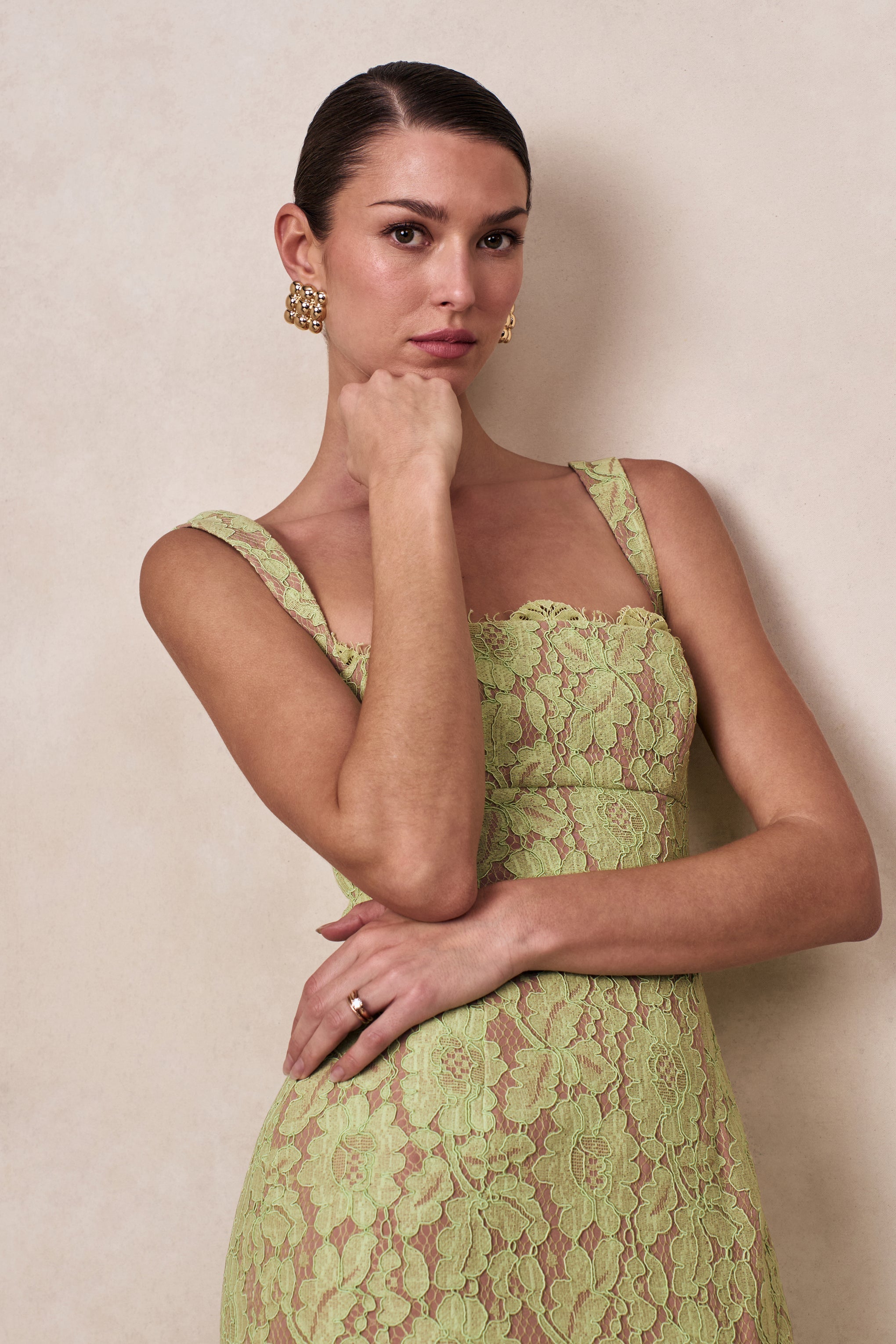 Zarisse | Green Lace Square-Neck Maxi Dress-Sowoom