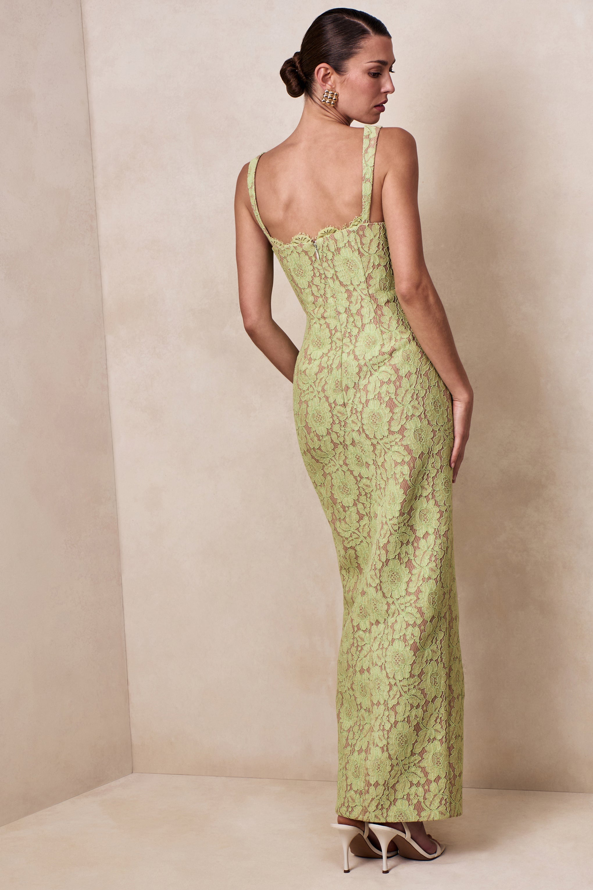 Zarisse | Green Lace Square-Neck Maxi Dress-Sowoom