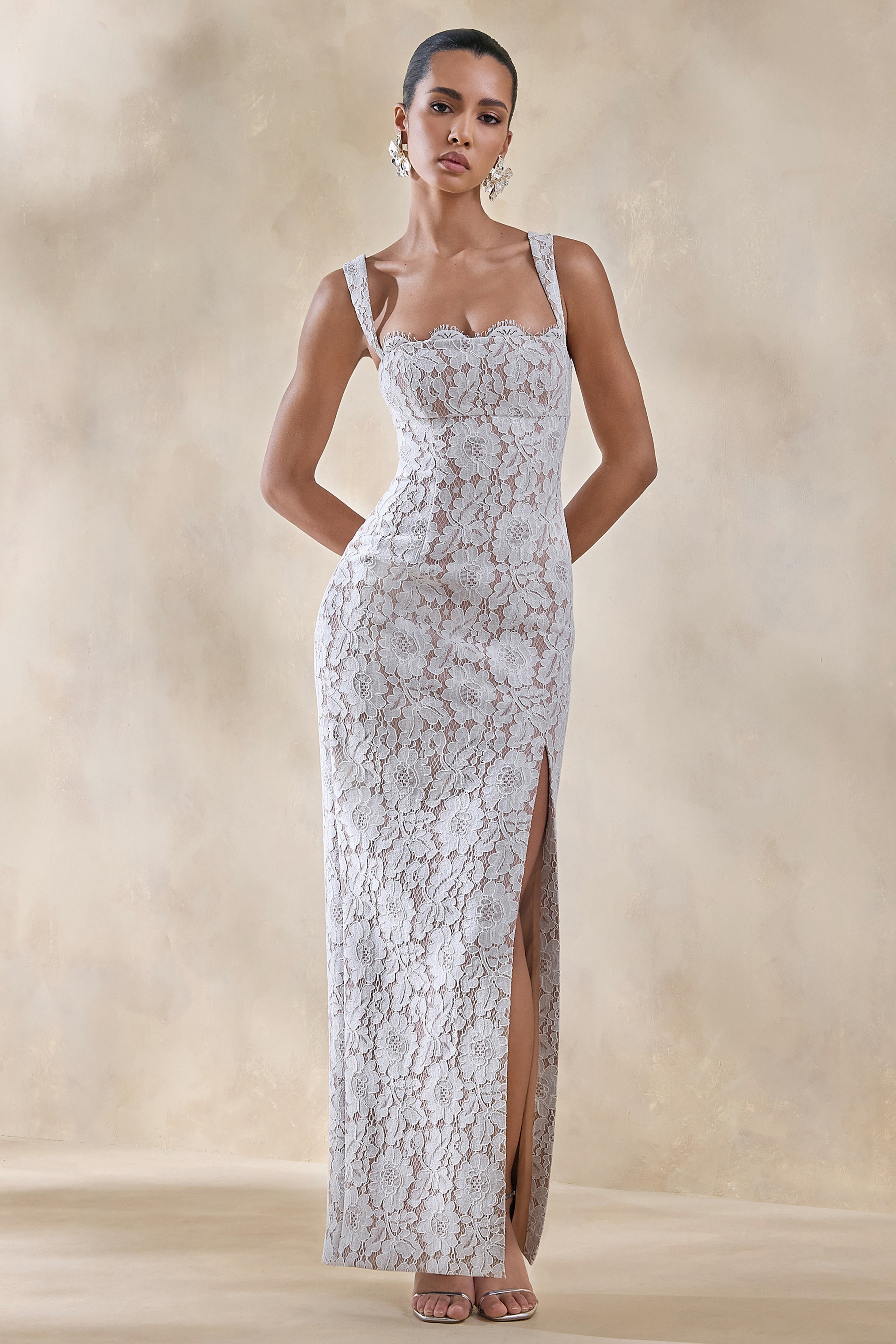 Zarisse | White Lace Square-Neck Maxi Dress-Sowoom