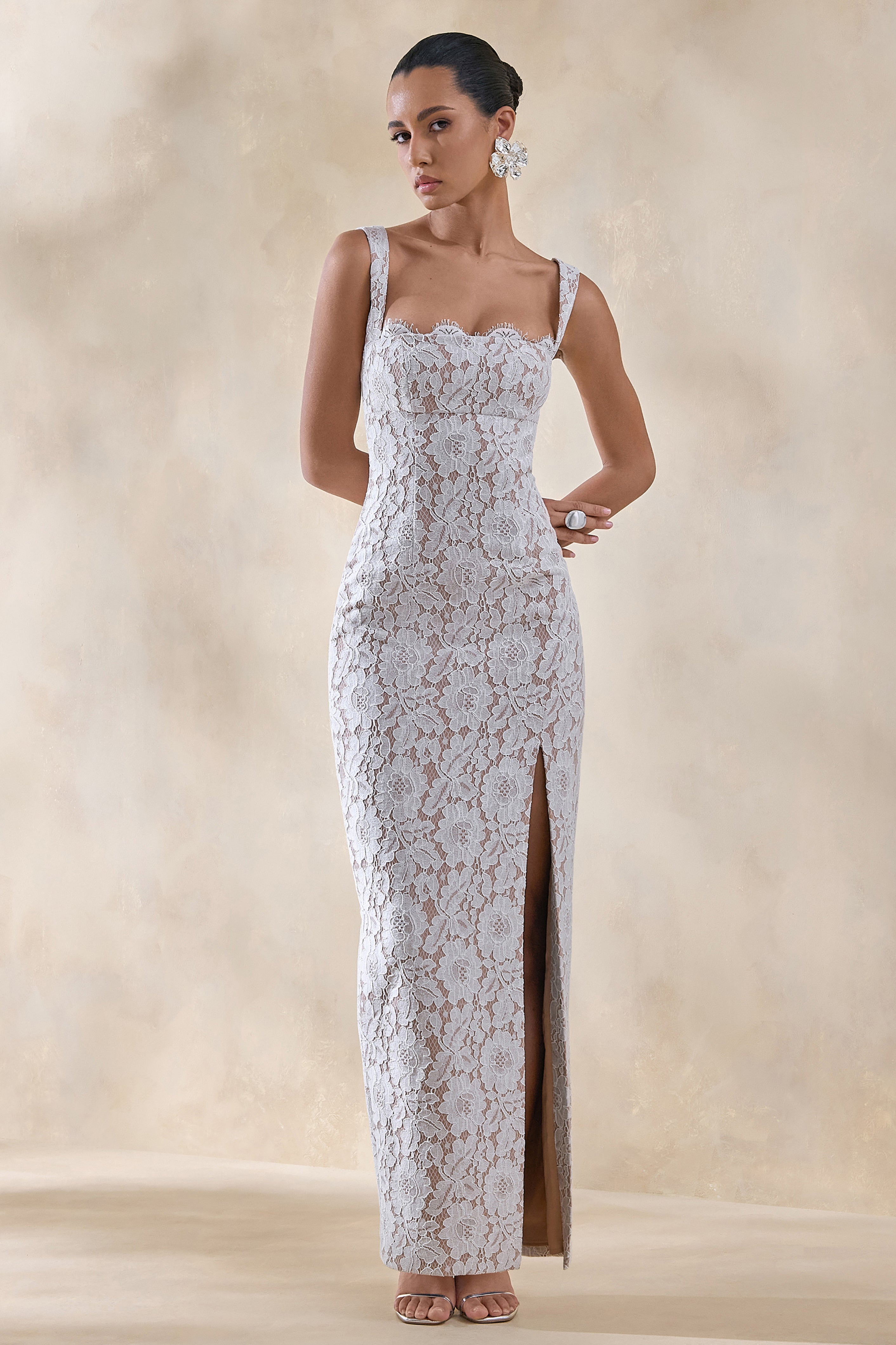 Zarisse | White Lace Square-Neck Maxi Dress-Sowoom