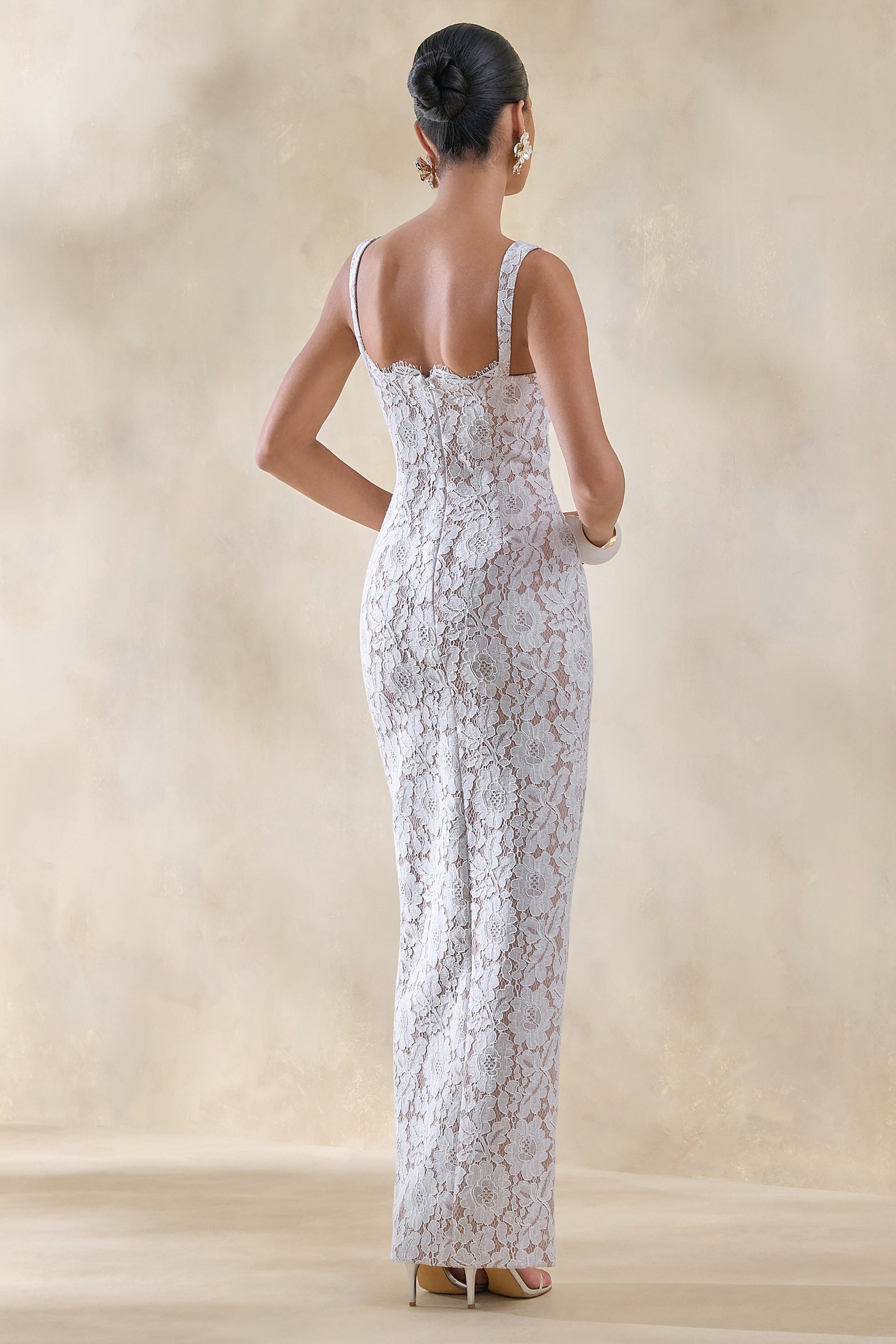 Zarisse | White Lace Square-Neck Maxi Dress-Sowoom