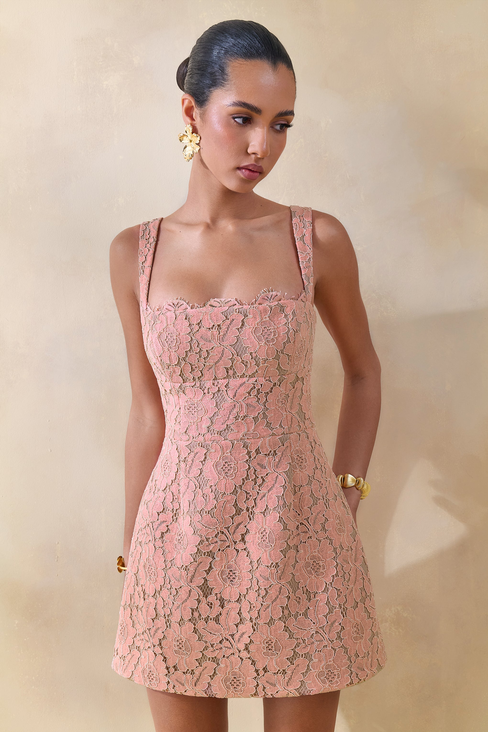 Orelisse | Coral Lace Square-Neck Mini Dress-Sowoom