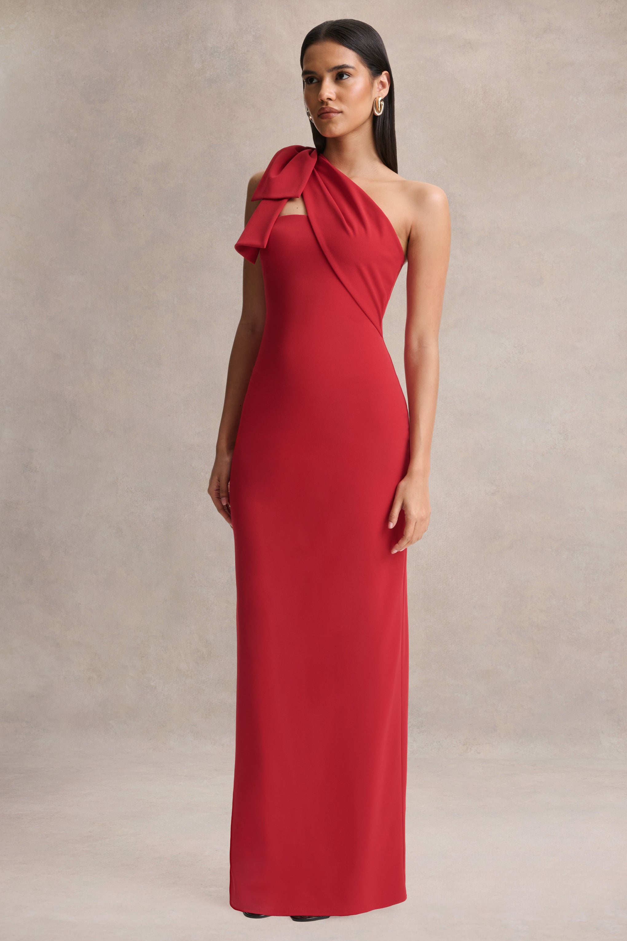 Adara | Red Asymmetric-Neck Maxi Dress With Bow-Detail-Sowoom